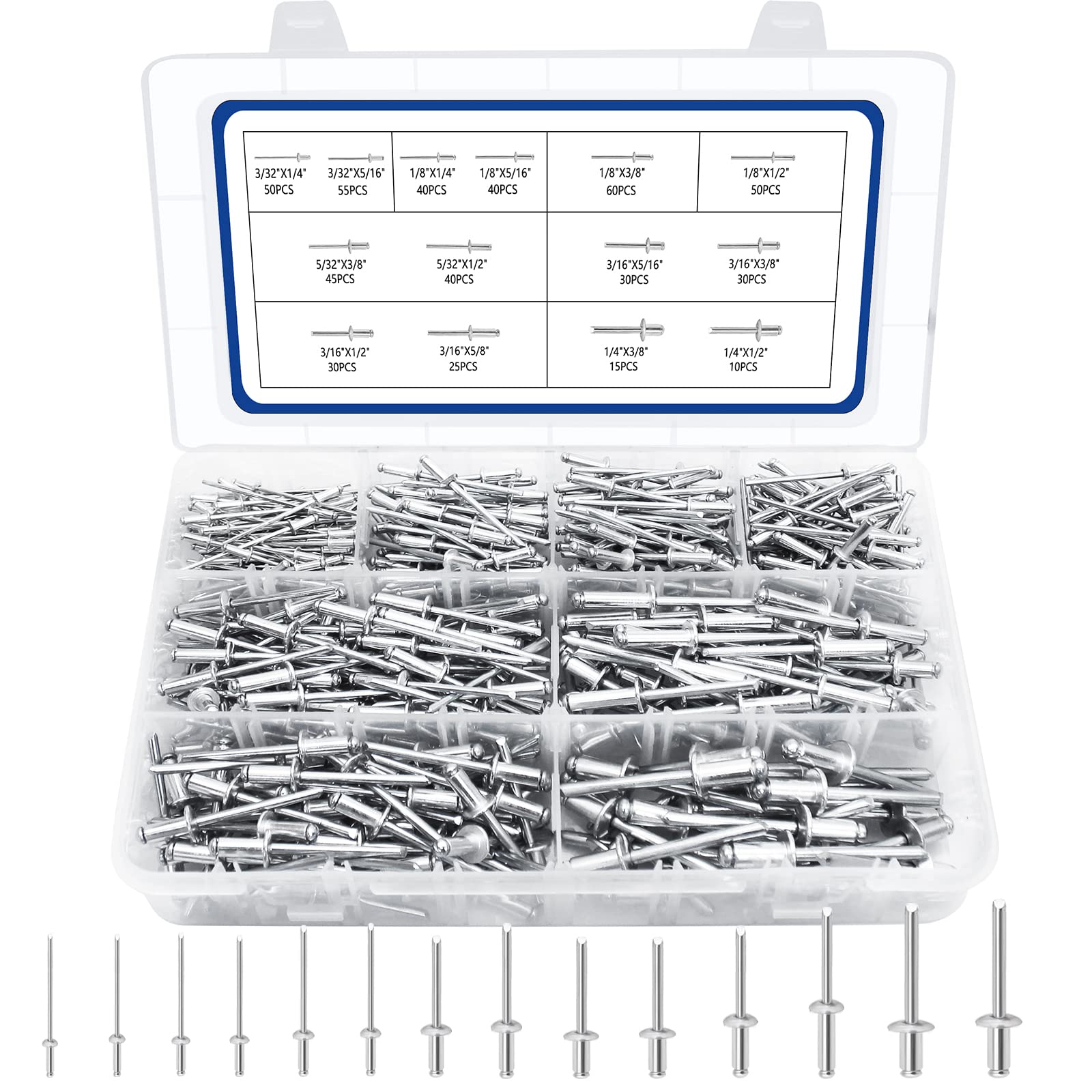 520PCS Pop Rivets Assortment Kit, JROUTH 14 Common Sizes Aluminum Rivets-3/32" 1/8" 5/32" 3/16" 1/4", Assortment Blind Rivets Widely Used in Construction, Automobile, Ship, Machine, Furniture etc.