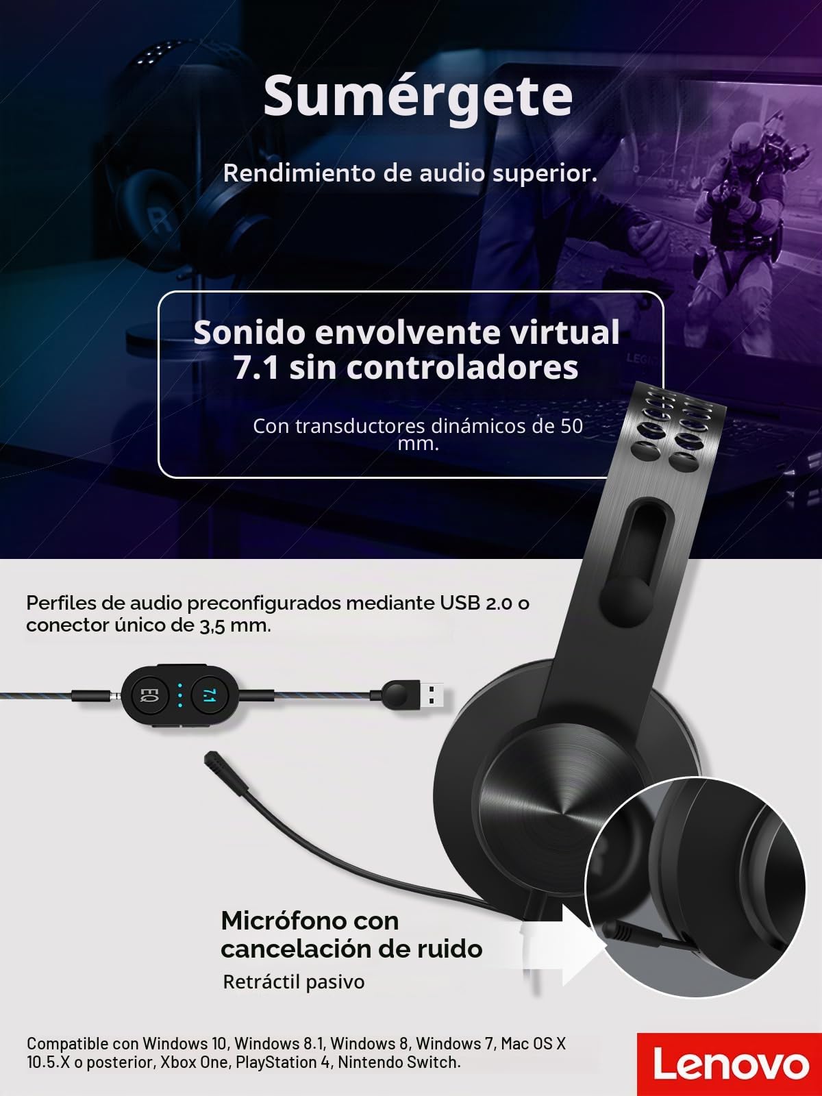 Audífonos de Sonido Envolvente para Juegos Lenovo Legion H500 Pro 7.1