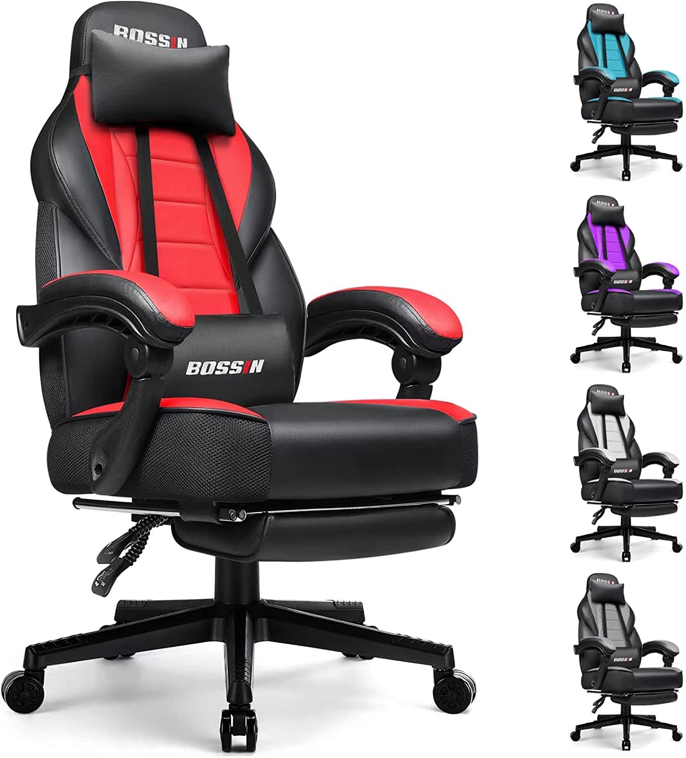 Racing Style Gaming Chair, Leather Computer Desk Chair with Footrest and Headrest, Ergonomic Heavy Duty Design, Large Size High-Back E-Sports, Big and Tall Gaming Chair (Red) - A Red