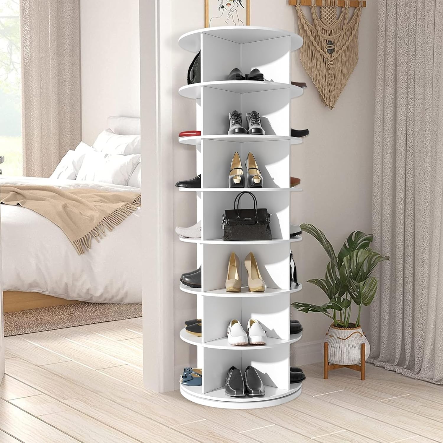 Zapatero giratorio de 360 ° con 7 niveles, 60 x 60 x 160 cm, para ahorrar espacio, estante vertical para zapatos y bolsos, color blanco, para entrada, salón, dormitorio y armario