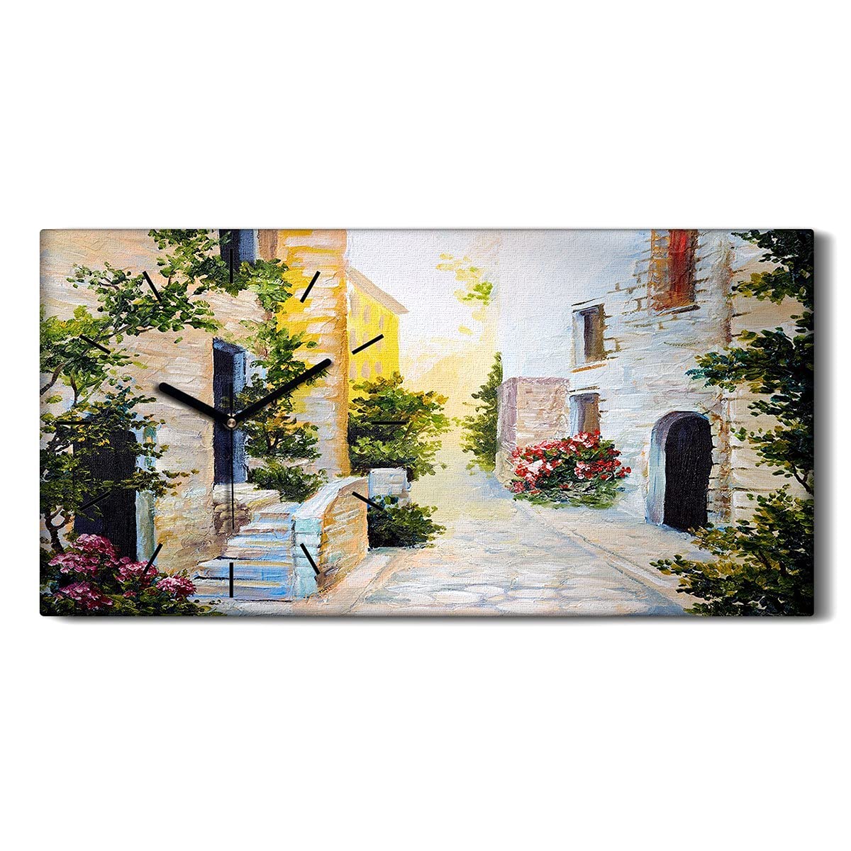 Horloge sur toile 60x30cm motif rue italienne colorée avec aiguilles noires