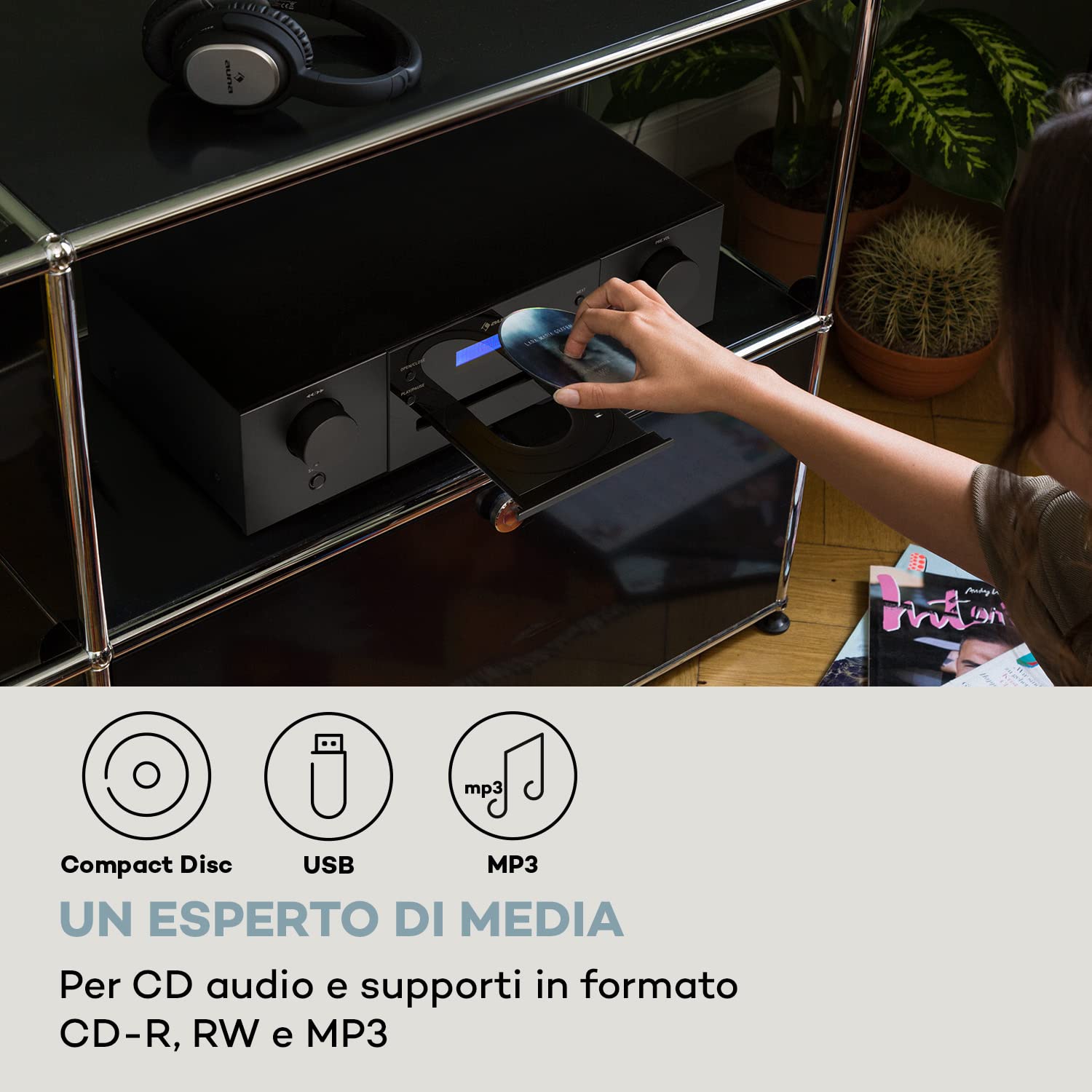 Auna CD-1000 DG - Lettore CD hifi, USB, MP3, telecomando, lettore CD con display LED, ricevitore CD in alluminio, nero