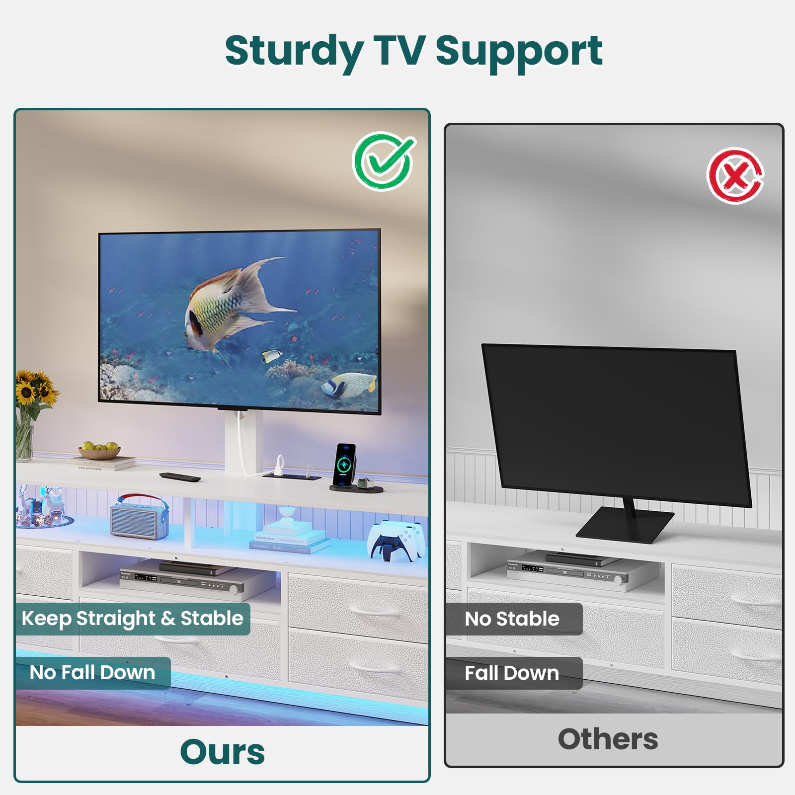 BTHFST TV Stand with Mount for 45/55/65/70 inch TVs, 51.2" LED TV Stand with Power Outlets & Storage, Entertainment Center with Storage, Wihte