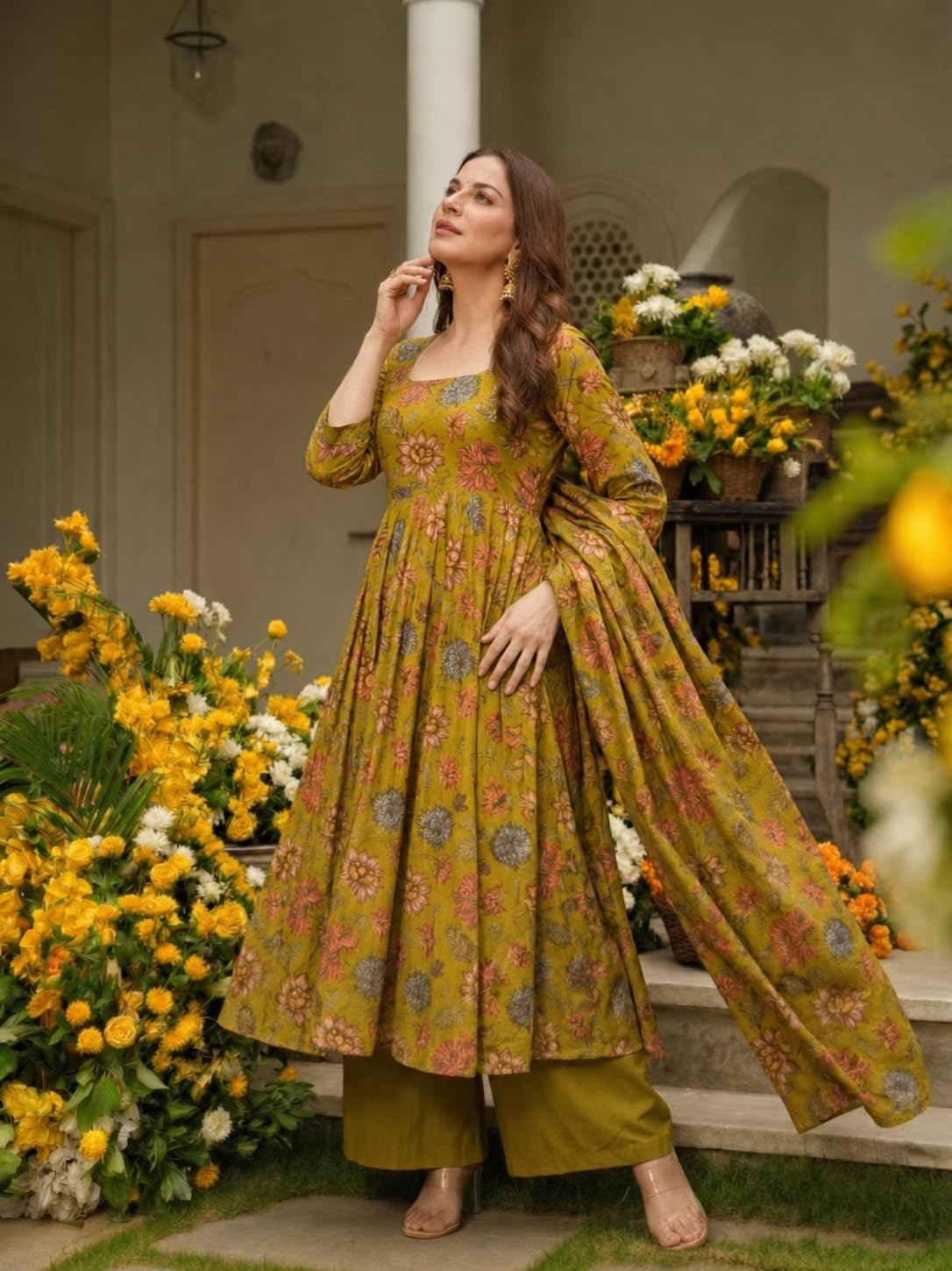 ANNI Designer Kurta Femme Mélange de Viscose Imprimé Kurti Ensemble 3 Pièces Kurta Palazzo Dupatta Col Carré Manches 3/4 Coupe Regular Fit Robe