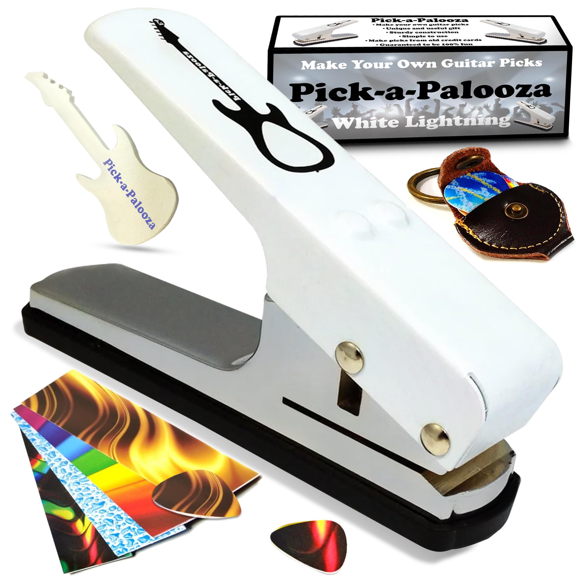Pick-a-Palooza DIY Guitar Pick Punch Gift Pack - Premium Pick-Maker with Leather Key Chain Holder, 4 Strips and a File - White