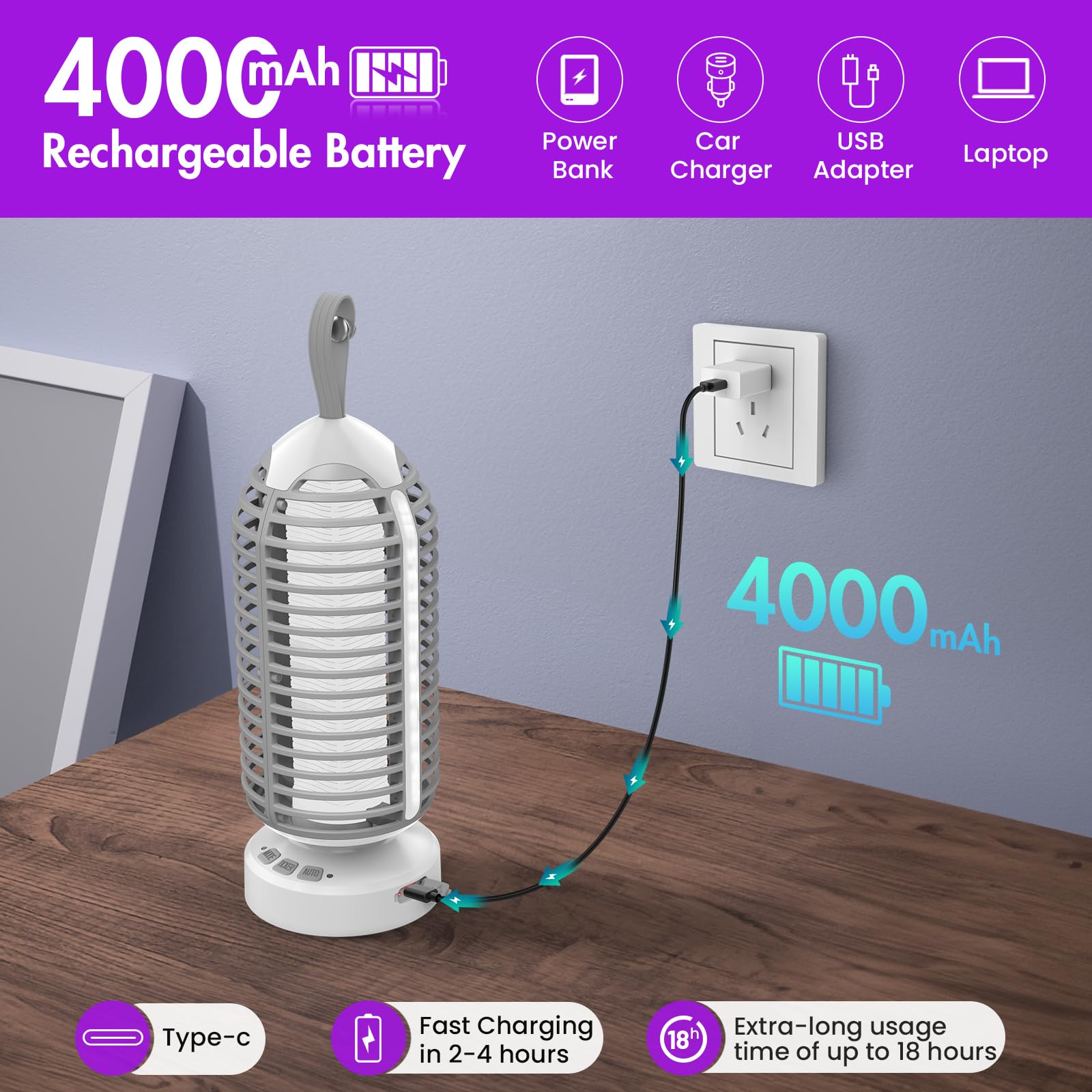 Kabelloser Insektenvernichter für drinnen und draußen, mit bunter Beleuchtung und Auto-Sensing, tragbar, wiederaufladbar, kabellos, für Camping, Terrasse, Garten, Küche, 4000 mAh Akku, elektrische