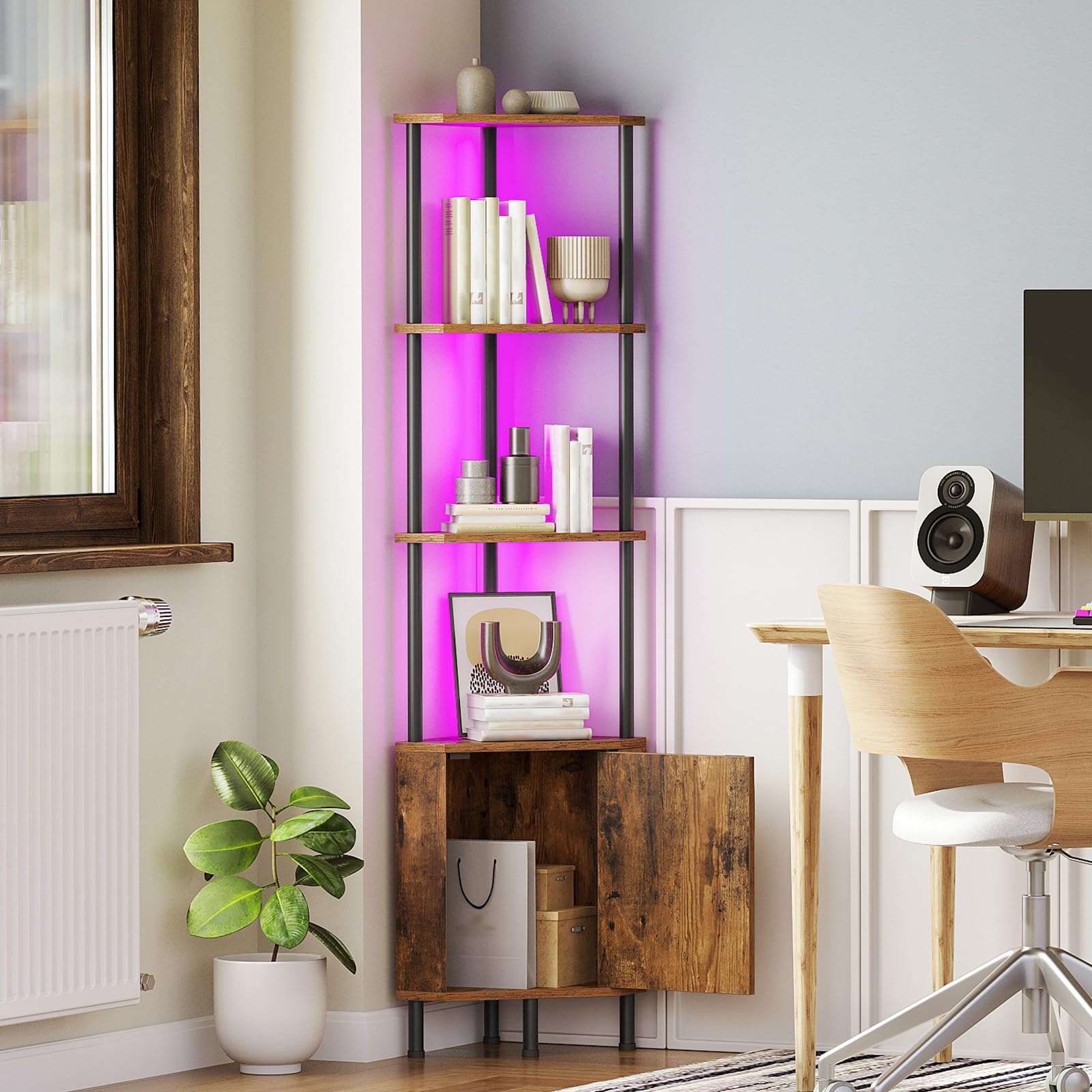 HOOBRO Libreria Verticale Angolare con LED e Mobile Contenitore, Scaffale Industriale da Esposizione, Pannelli a Motivo Diamante, per Soggiorno, Studio, Camera, Marrone Vintage e Nero EBF147DCJ01