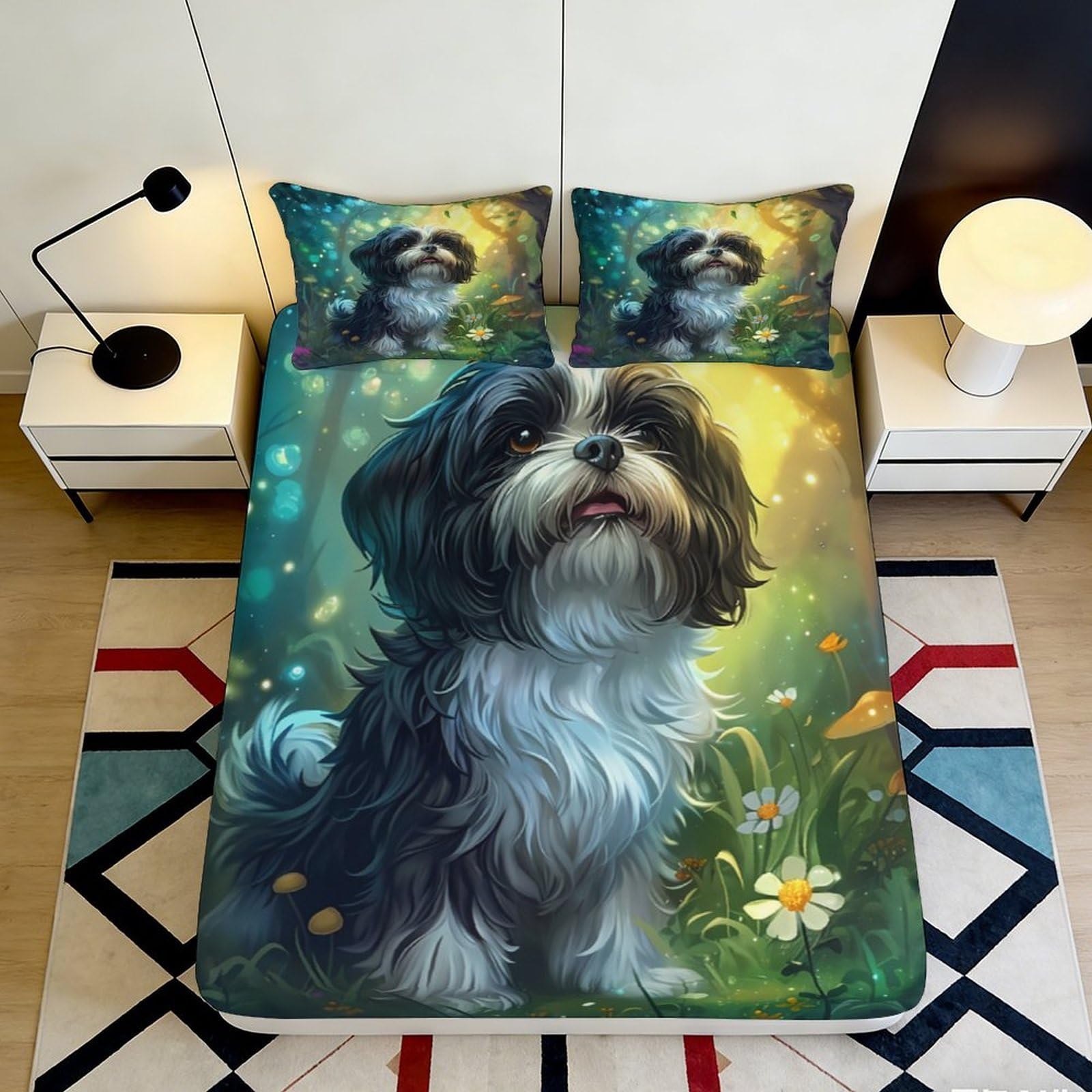 Uxinyoume Style-2 3D Printed Dog Portrait Fitted Sheet Microfiber Soft Non-Slip Floral Mattress Cover For Bedroom Decor Protection 90X200x25cm