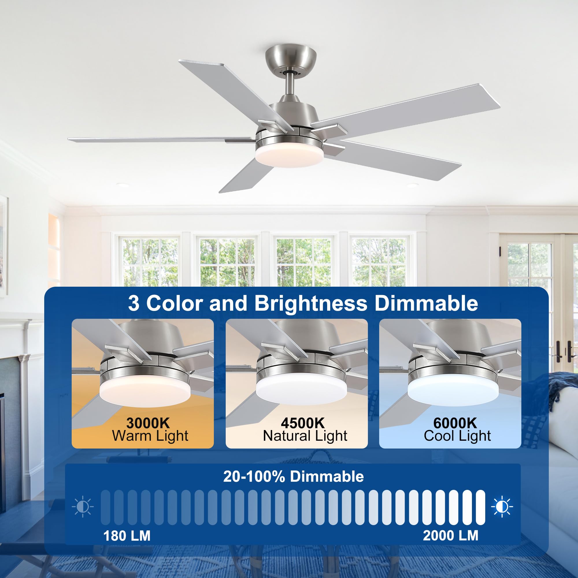 Ventiladores de techo de 52 pulgadas con luces y control remoto, ventilador de techo de níquel cepillado, motor CC reversible de 6 velocidades, LED regulable 3CCT, diseño moderno para dormitorio, sala 6