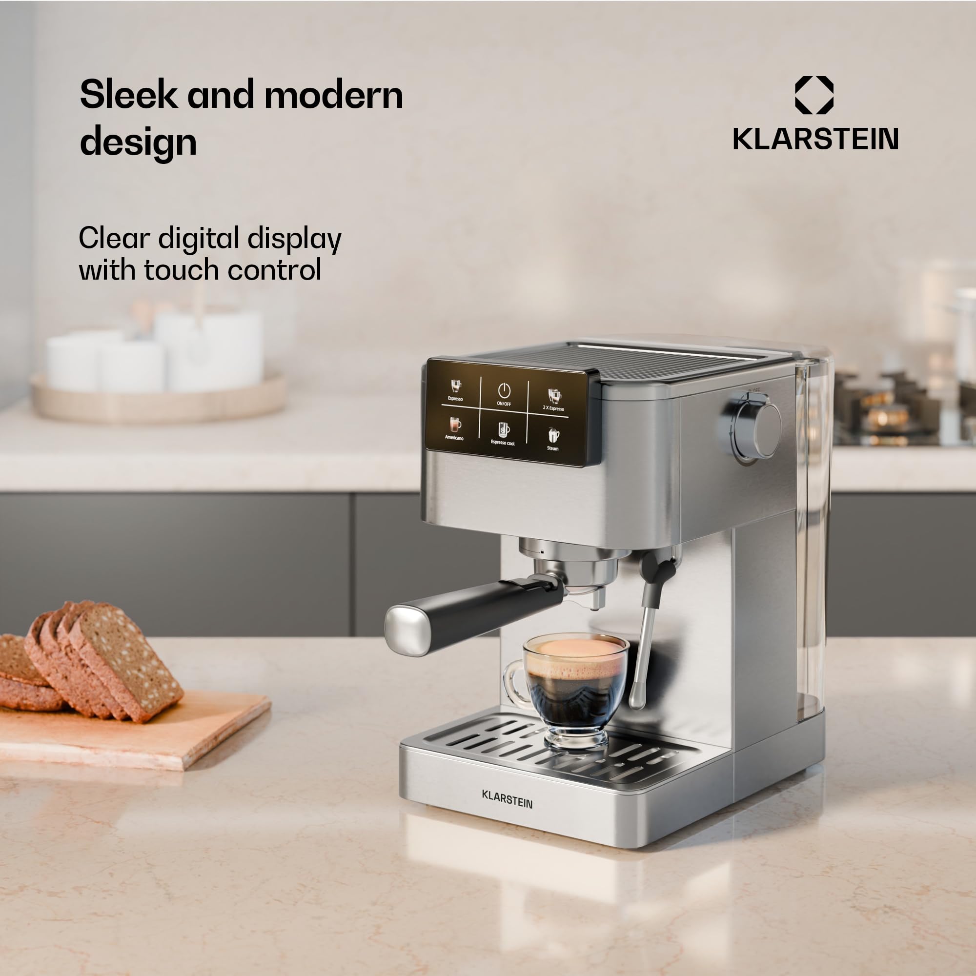 Klarstein SteelPresso Touch ekspres do sitka, 20 barów, 1350 W, stal nierdzewna, zbiornik na wodę 1,5 l, wyświetlacz dotykowy, zintegrowany spieniacz do mleka, kompaktowa konstrukcja, ekspres do kawy
