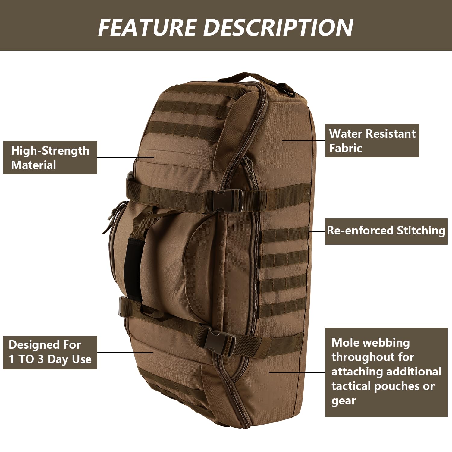 Hannibal Tactical MOLLE - Mochila táctica Grande 3 en 1 para Deportes, Gimnasio, Exteriores, Color Negro