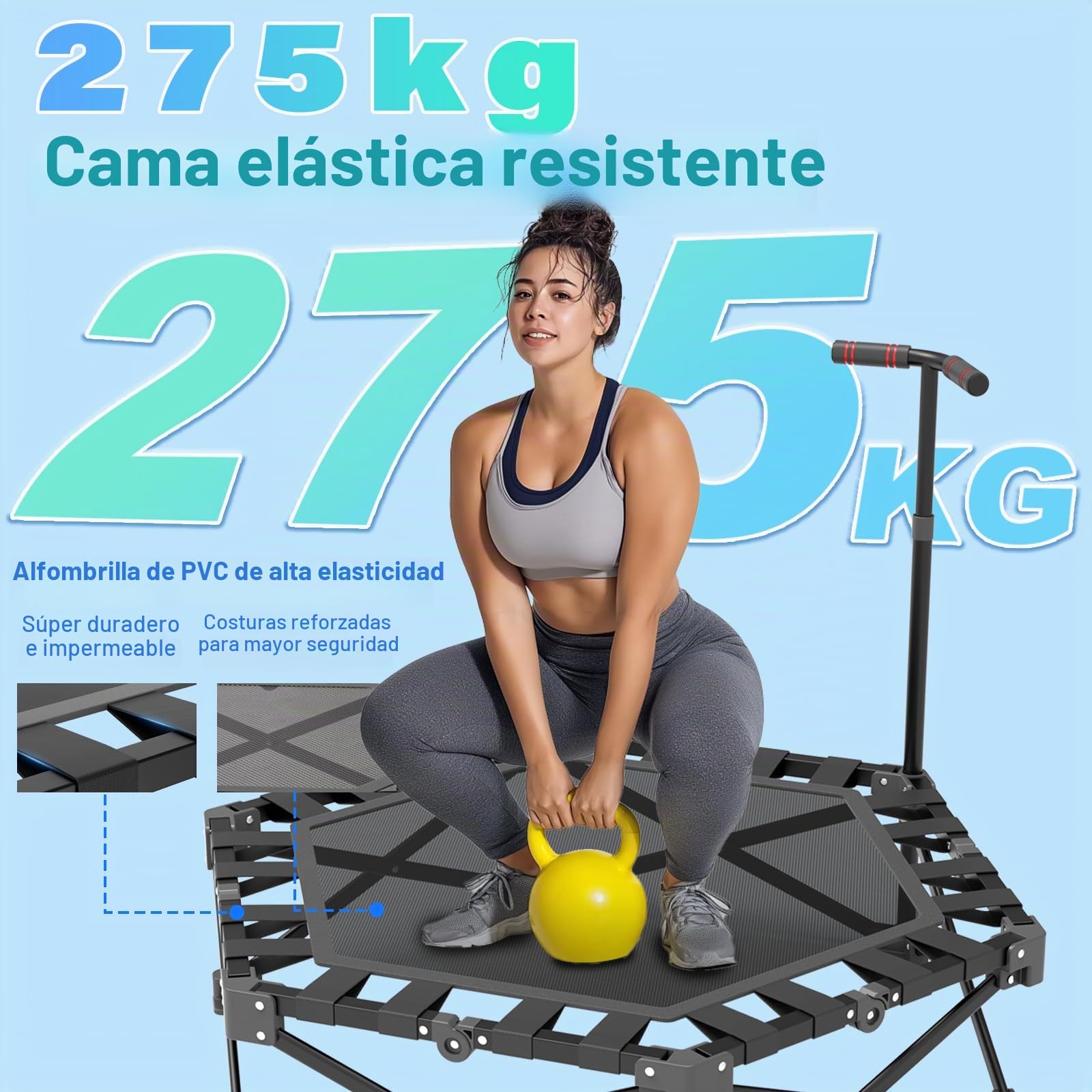 Trampolin de Fitness Plegable, Mini Cama Elastica para Interior 106 cm con Barra Ajustable en 3 Alturas, Estructura en X Extra Resistente Soporte Máximo 275 kg
