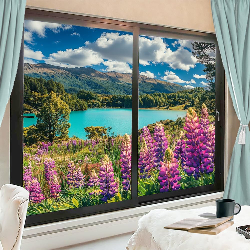 Natural Mountain Lake Stained Glass Window Film, Modern Purple Flower Scene Decorative Frosted Glass Privacy Film, Heat Control Static Cling Window Sticker 60x90 cm x 2 Pcs