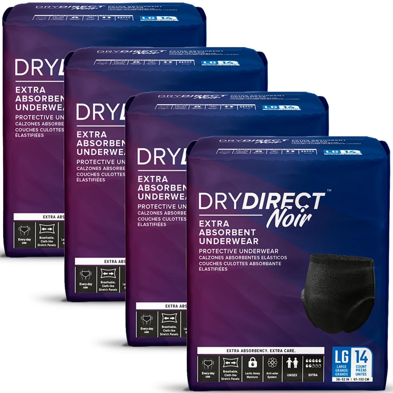 Dry Direct Noir Extra Protective Underwear, Soft Cloth-Like Adult Diapers, Max Absorbency Disposable Incontinence Protection - Large (Case of 56)