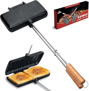 Alytree Double Cast Iron Pie Iron for Camping - Pre-Seasoned Large Campfire Sandwich Maker, Family Mountain Pie Cooker