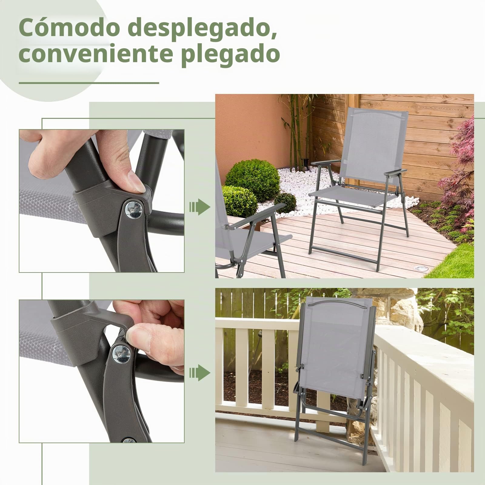 GIANTEX Juego de 2/4 Sillas de Exterior Plegables, Sillas de Jardín con Respaldo Alto y Reposabrazos, Marco de Metal y Tela Transpirable, Carga hasta 150 kg, para Balcón, Camping (Gris, 2 Unidades)