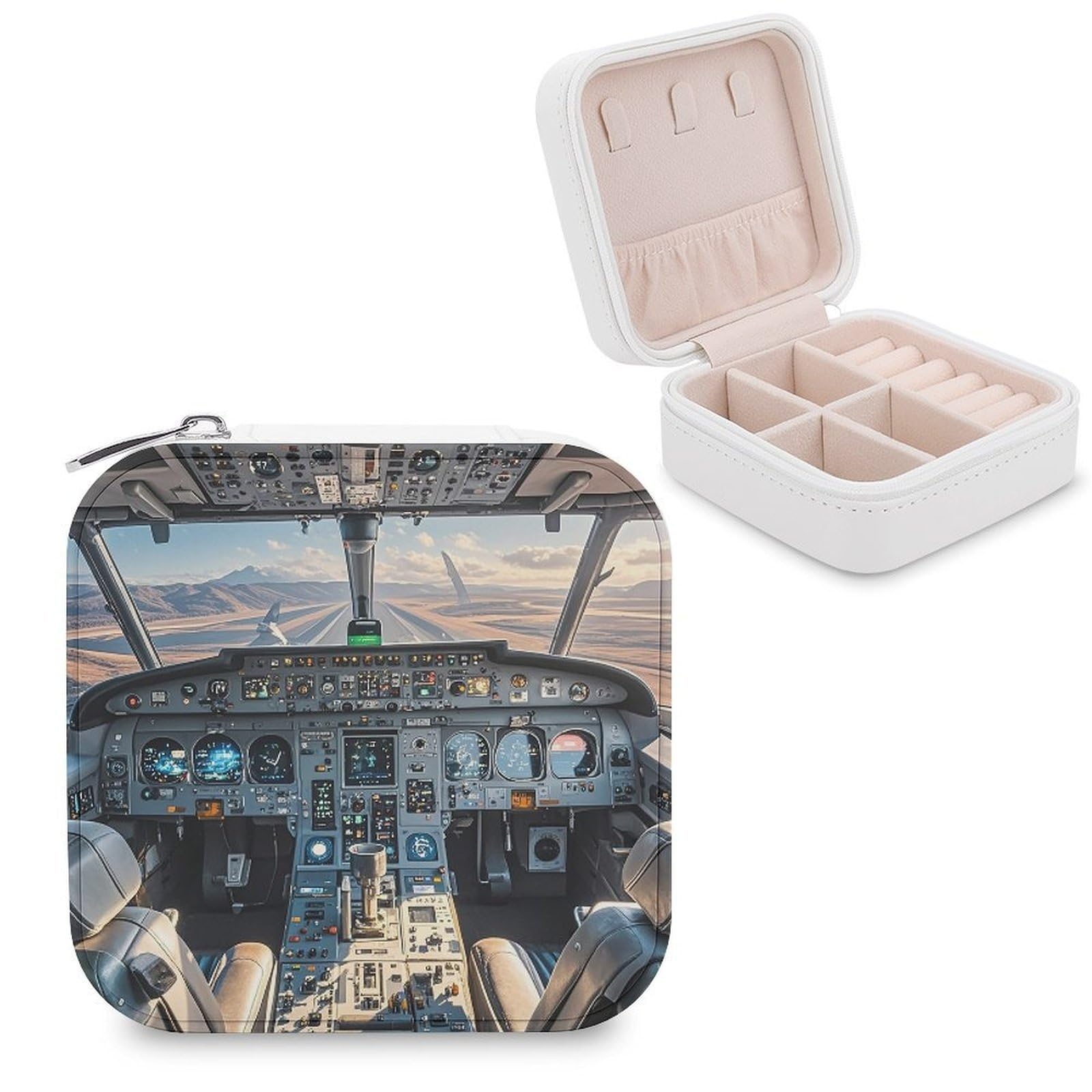 FekiLoot Airplane Cockpit Travel Jewelry Box Small Jewelry Organizer Storage Case Portable PU Leather Mini Jewellry Travel Case Necklace Ring Storage Organizer Gift for Women
