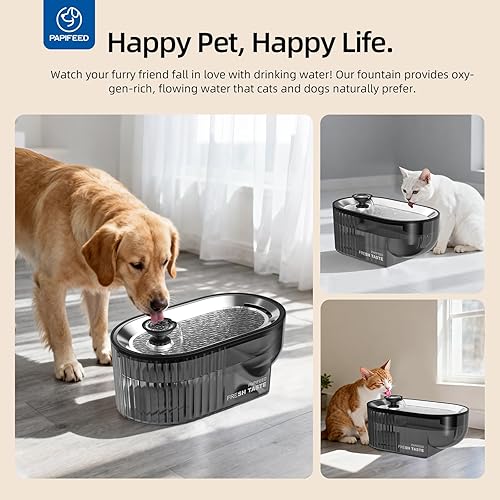 Miniatura 7 de PAPIFEED Fuente de agua para gatos + bandeja de acero inoxidable (negro+5 filtros+2 esponjas, tapete)