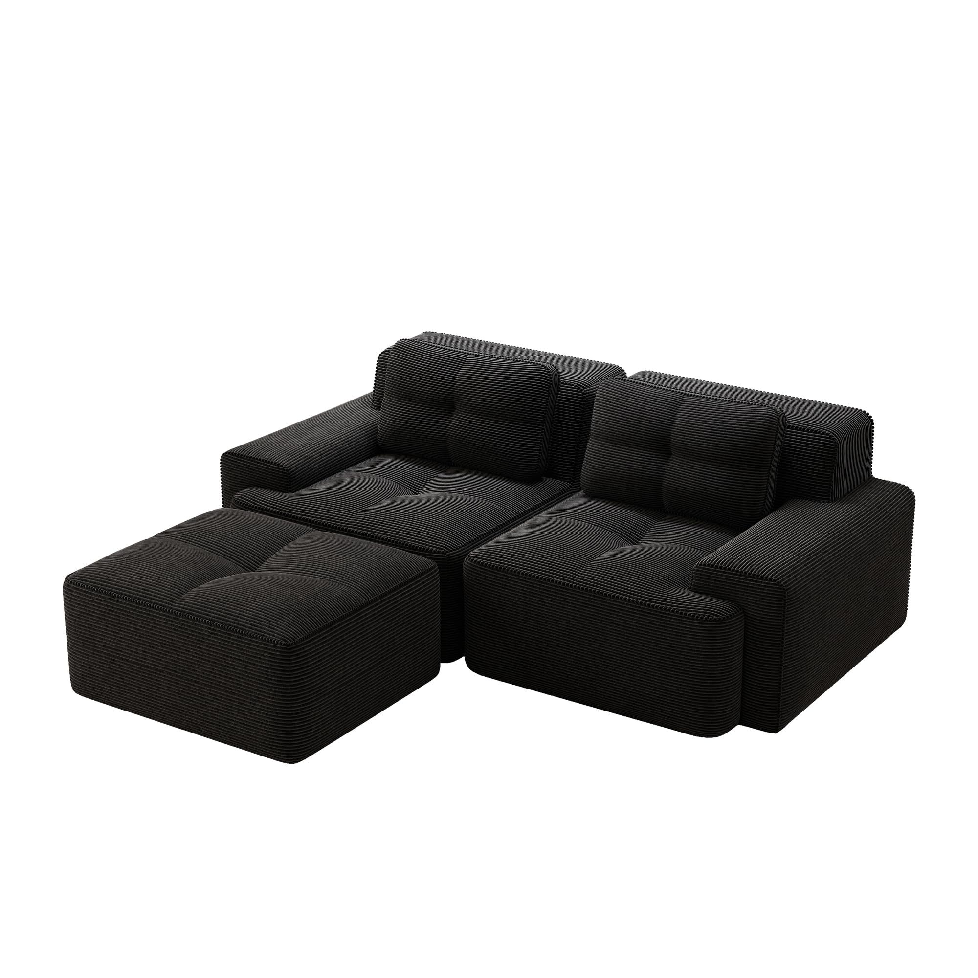 Divano modulare nero Boneless, moderno divano modulare a L per soggiorno, comodo divano in corduroy cloud con ottomano, divano letto a due posti trapuntato