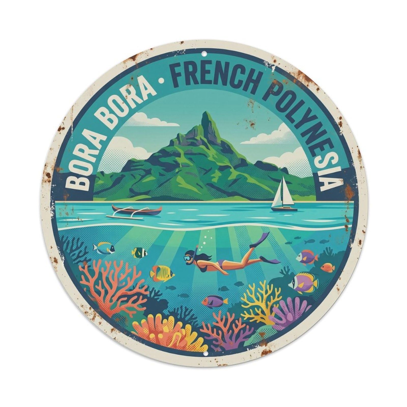 Olyhtr 8X8inch Classic Style Snorkel Borabora Otemanu Lagoon Retro Reef Marine Metal Tin Sign