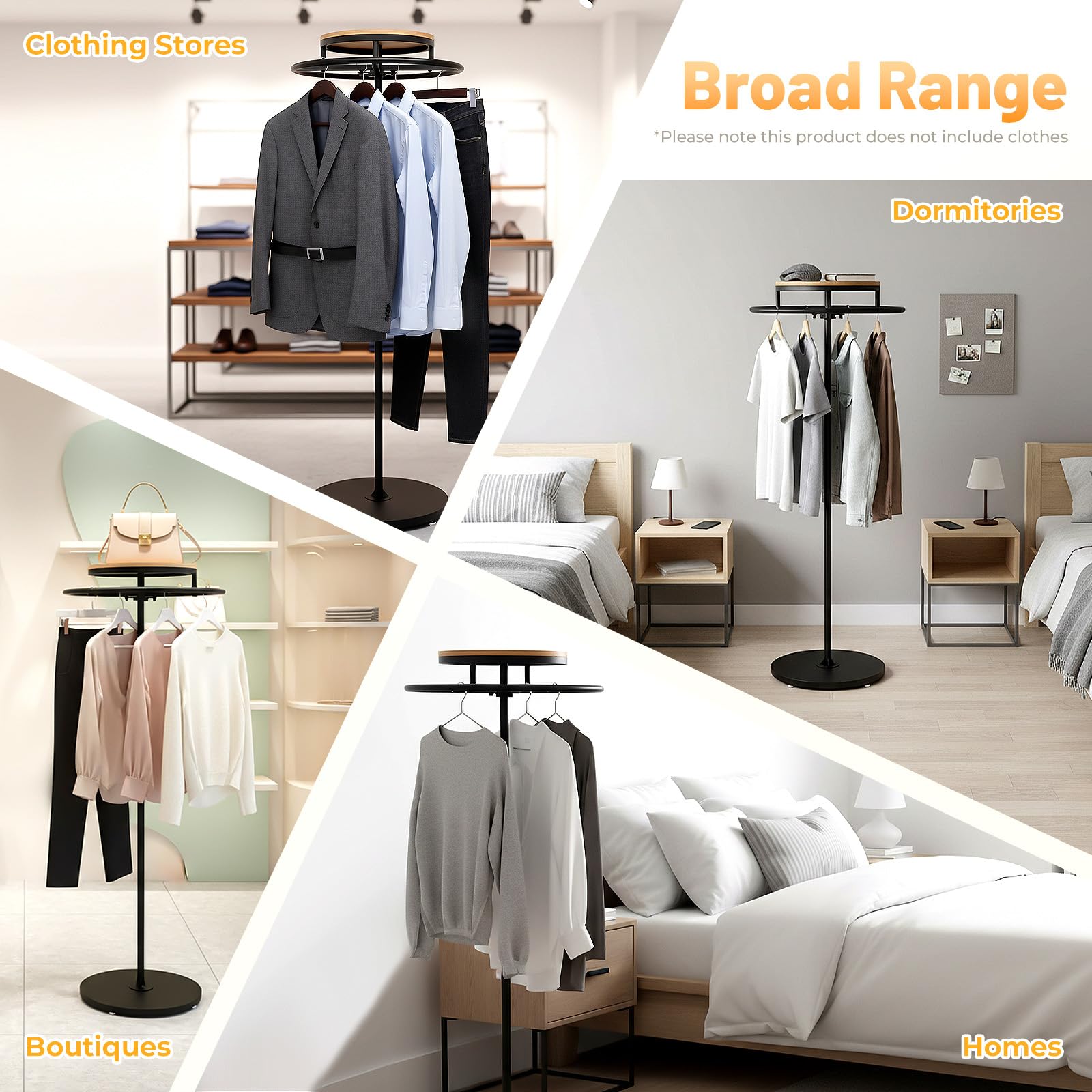 MINRS Kleiderständer, Kleiderstange 360° Rund Drehbar Garderobenständer 60 x 60 x140cm einfach zu montieren für Schlafzimmer, Wohnzimmer, Eingangsbereich, Schwarz