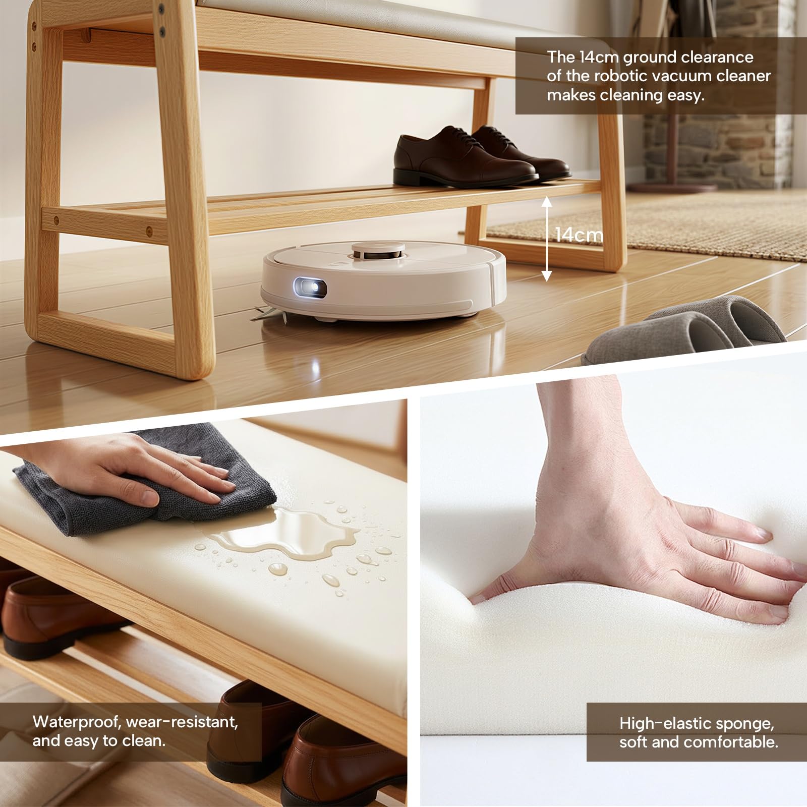 Banco Zapatero Recibidor con Almacenaje, Mueble Zapatero de Madera Maciza con Asiento de Cuero PU, Banco Entrada Efecto Roble Moderno, Estantería Zapatos 2 Niveles para Pasillo(100cm)