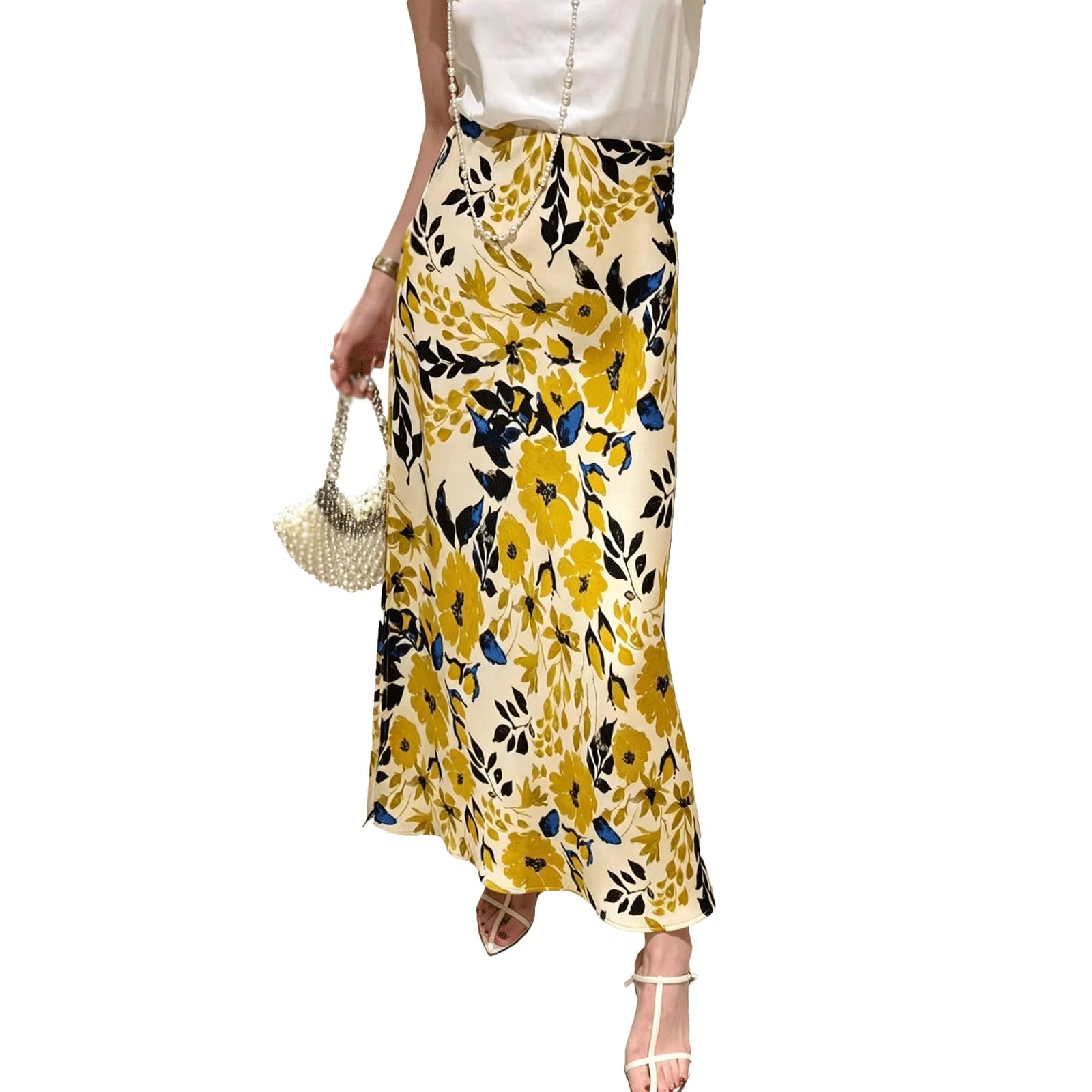 DUddTTW Vacation Midi Long Skirt Print Floral Women's Maxi Skirts Clothing(Beige,Lagre)
