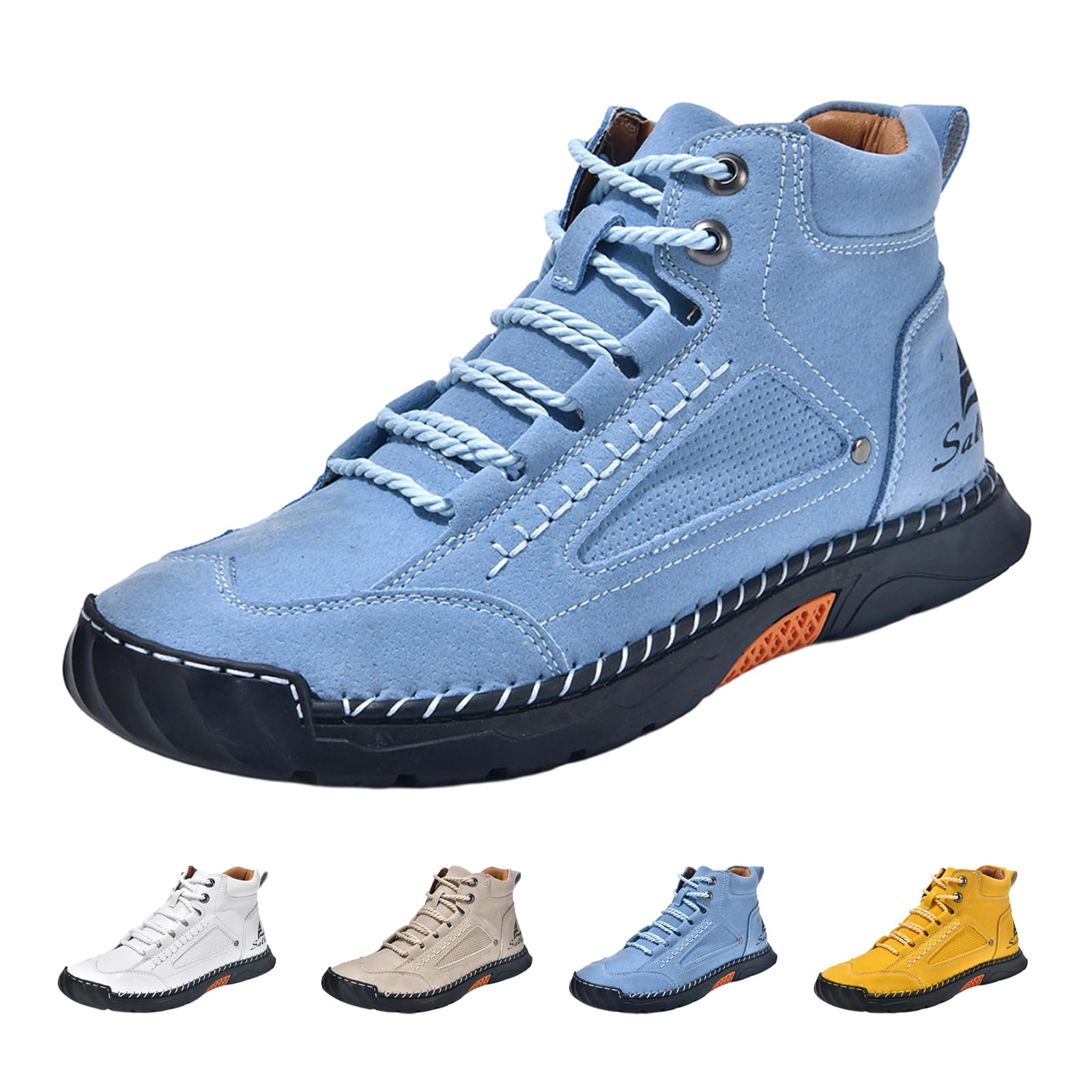 Womens Mid Top Hiking Sneakers Trendy Comfort Hand-Stitched Leather Lace-Up Non-Slip Outdoor Travel Ankle-Support Boots