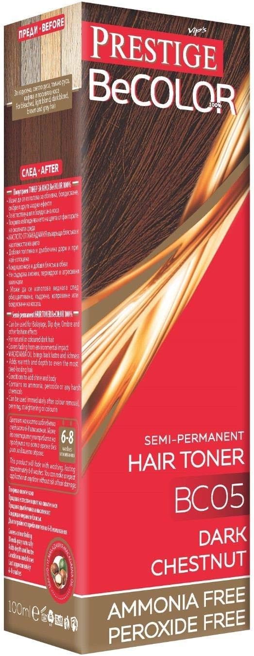 VIPs Prestige Semi Permanent Hair Dye Dark Chestnut BC05 Becolor | No Peroxide & No Ammonia Hair Toner | Natural Semi-permanent Hair Colour for Women with Nettle Extract | Temporary Hair Dye | 100 ML