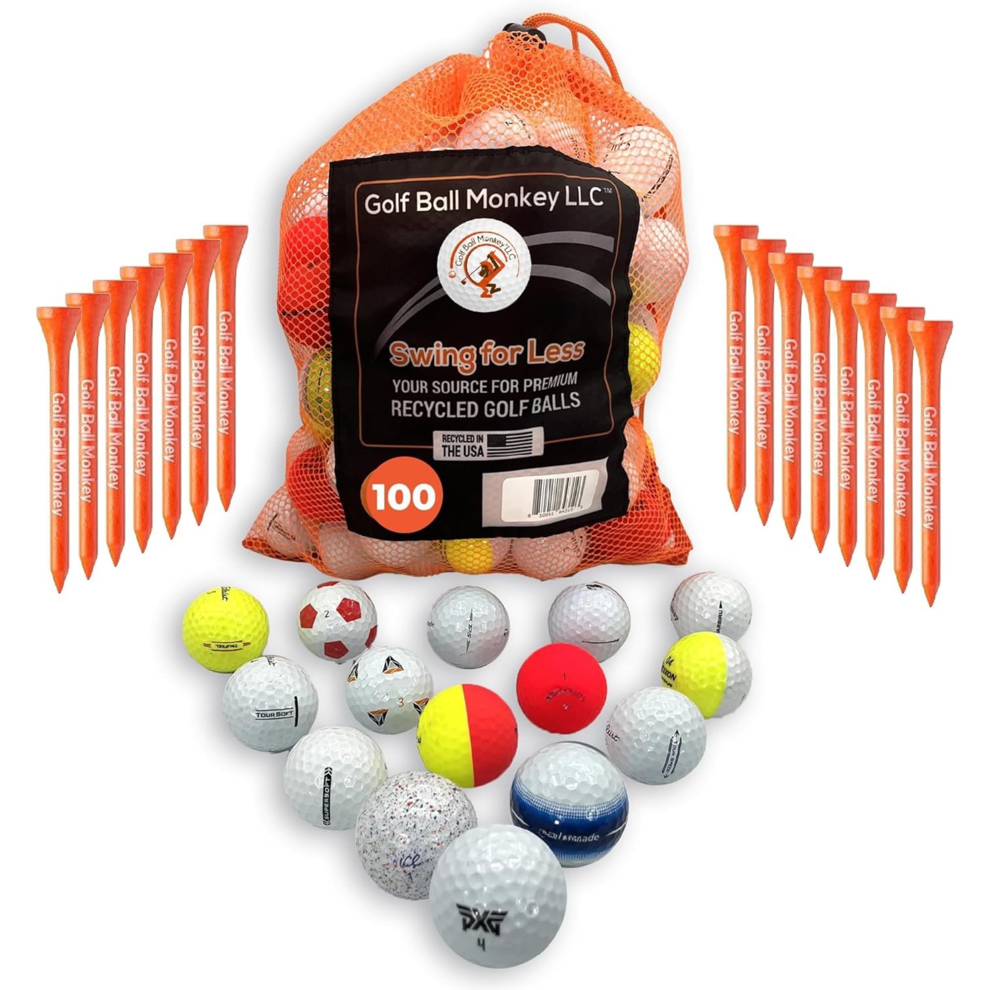 Golf Ball Monkey Pro Series Brand Golf Ball Mix- 100 Pack Recycled & Used Golf Balls from Top Brands in a Mix of Mint & Near Mint Condition w/ 15 Tees & Mesh Bag