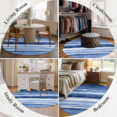Miniatura 7 de Round Rugs 6 Feet, Blue Stripes Non Slip Area Rugs for Living Room, Bedroom, Barhroom, Entryway, Watercolor Retro Ombre Abstract Tie Dye Art Soft