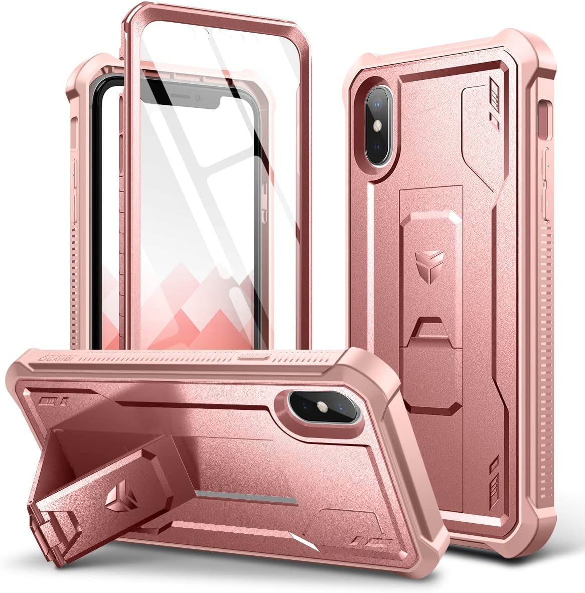 Dexnor for iPhone Xs max Case, [Built in Screen Protector and Kickstand] Heavy Duty Military Grade Protection Shockproof Protective Cover for iPhone Xs max Rose Gold