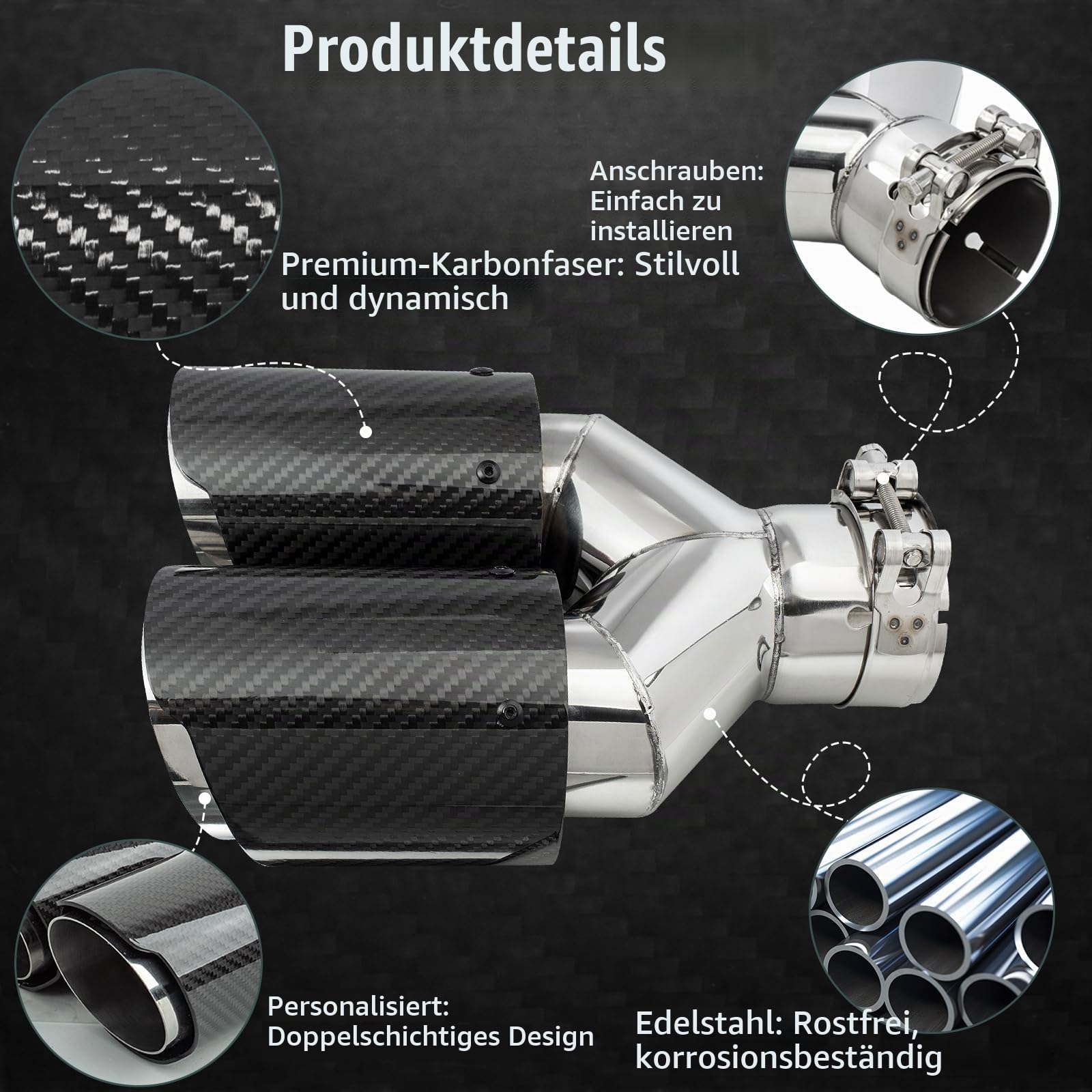 Catekro 63mm Doppeltes Auspuff Endrohr, Auspuffspitzen aus Edelstahl & Kohlefaser Universal für Auto mit 2,5" Einlass Sportliches Auspuffrohr Endrohr Exhaust Tailpipe (Glänzendes Schwarzes Silber)