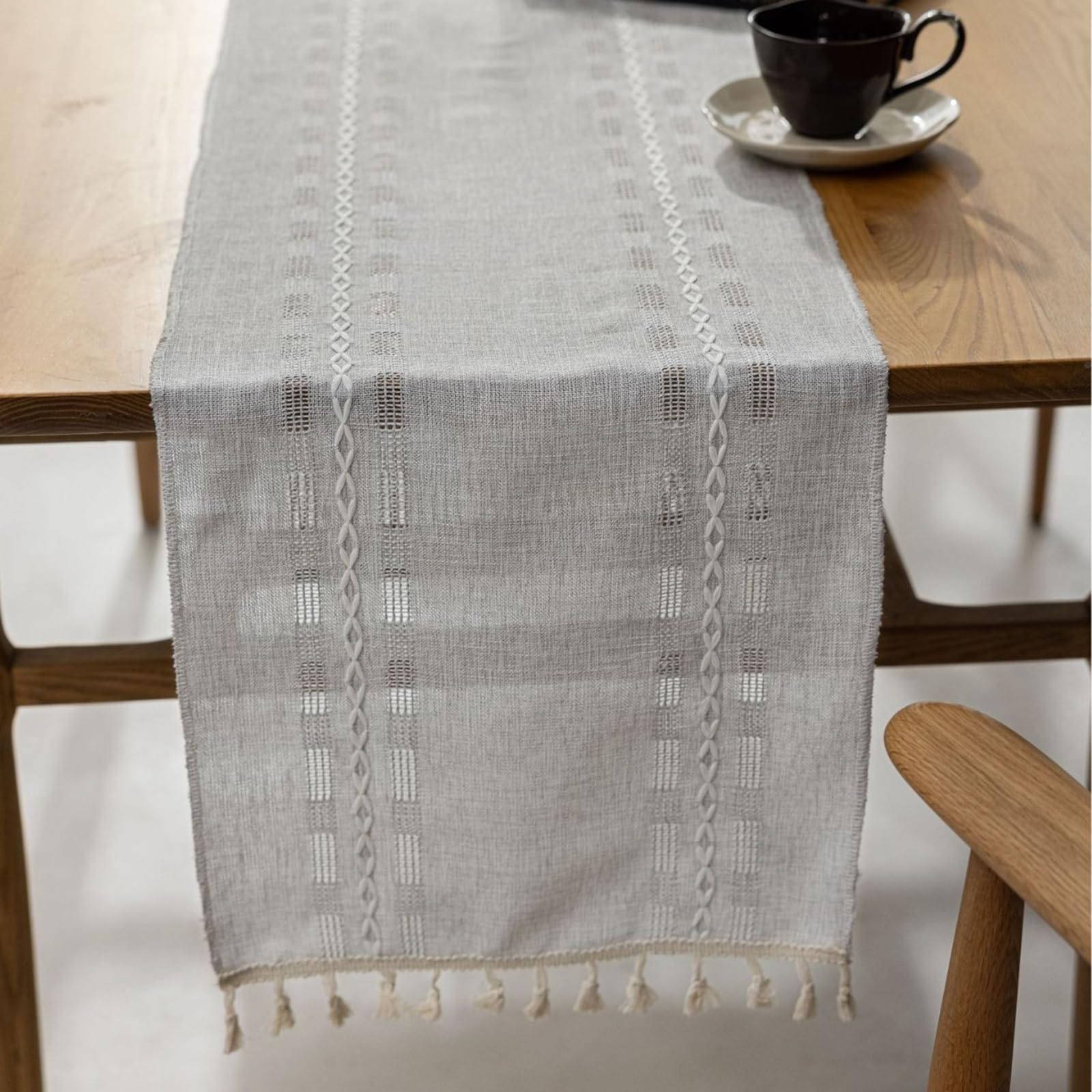 Runner da Tavolo Cotone Poliestere 33x240 cm, Runner da Tavola Moderno Lavabile Motivo Righe e A Quadri Vuoto Tinta Unita con Nappe Decorazioni Tavoli per Cucina, Grigio Chiaro