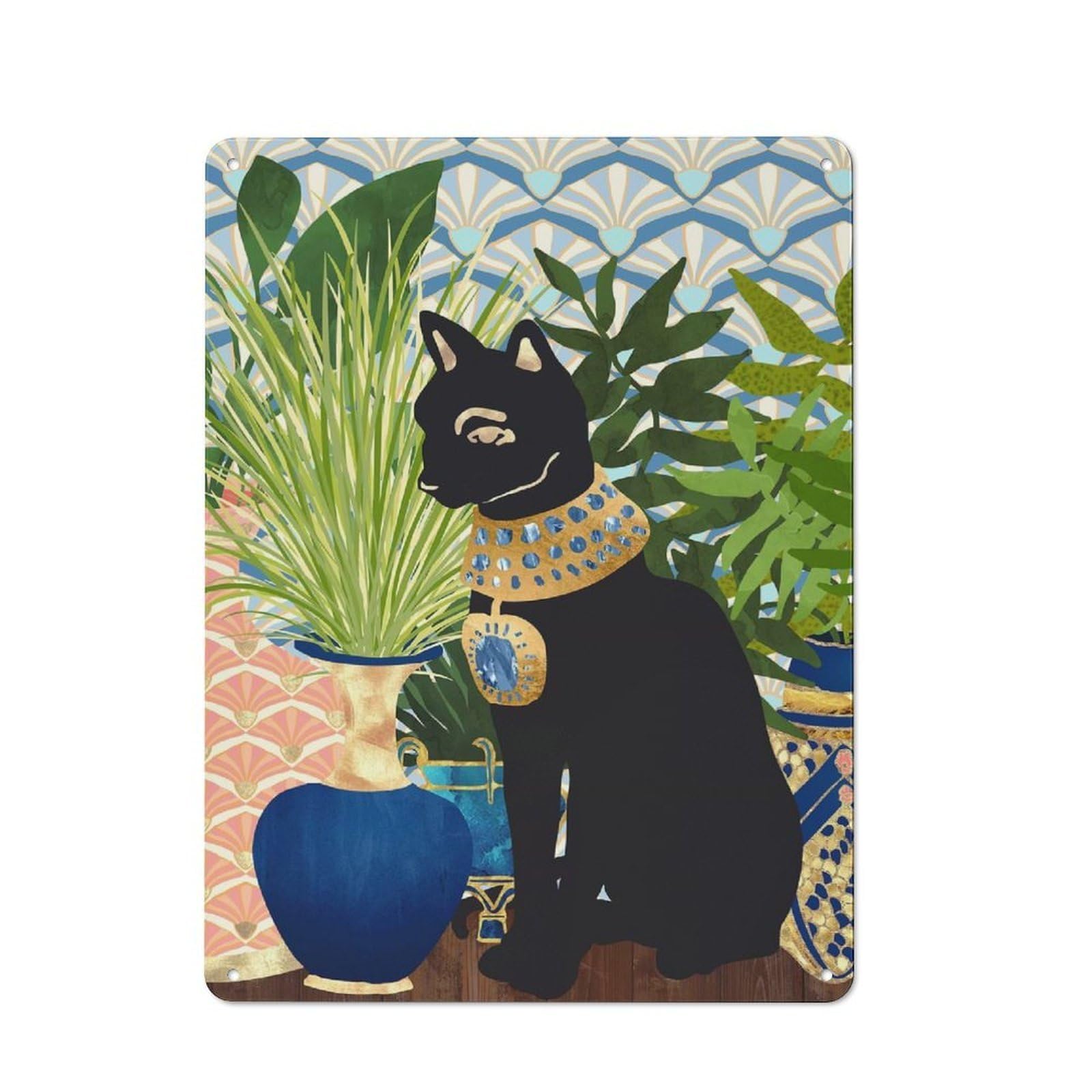 Egyptian Cat with Plants And Vases Industrial Metal Wall Decor 40x30cm, Retro Metal Sign for Workshop, Basement, Shed Or Games Room