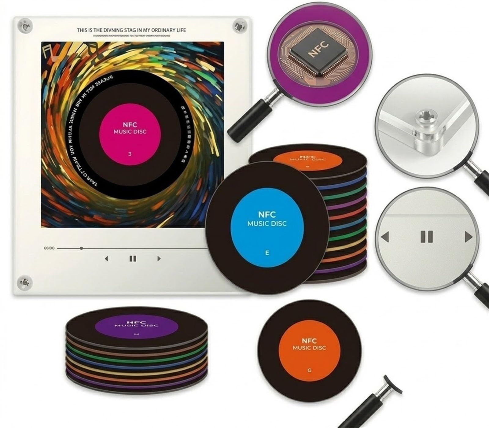 Retro-Musik-Kühlschrankmagnete Mit Programmierbarem NFC-Player-Set, 9-teilig, Vintage-Schallplatten-Kühlschrankmagnete, 128 MB, Mini-Jukebox Mit LED-Licht