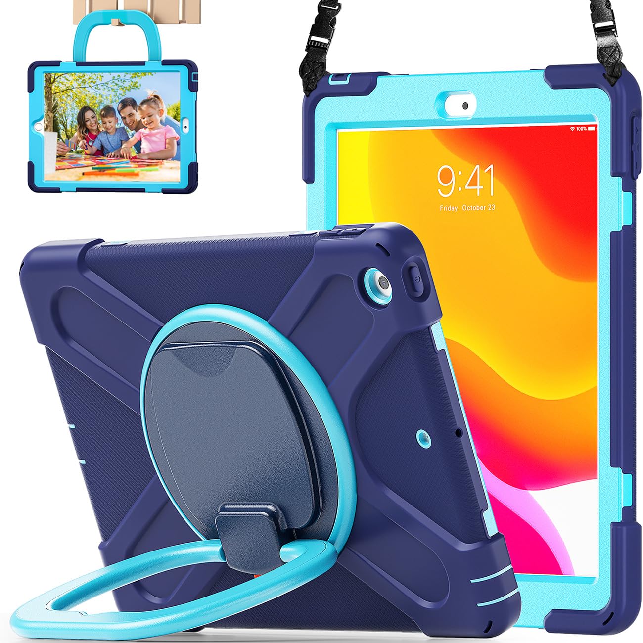 LX-SUNCX for iPad 10.2 Case 9th Generation 2021 / 8th Gen 2020 / 7th 2019,Shockproof Kids Case with Screen Protector,Rotating Stand/Pencil Holder/