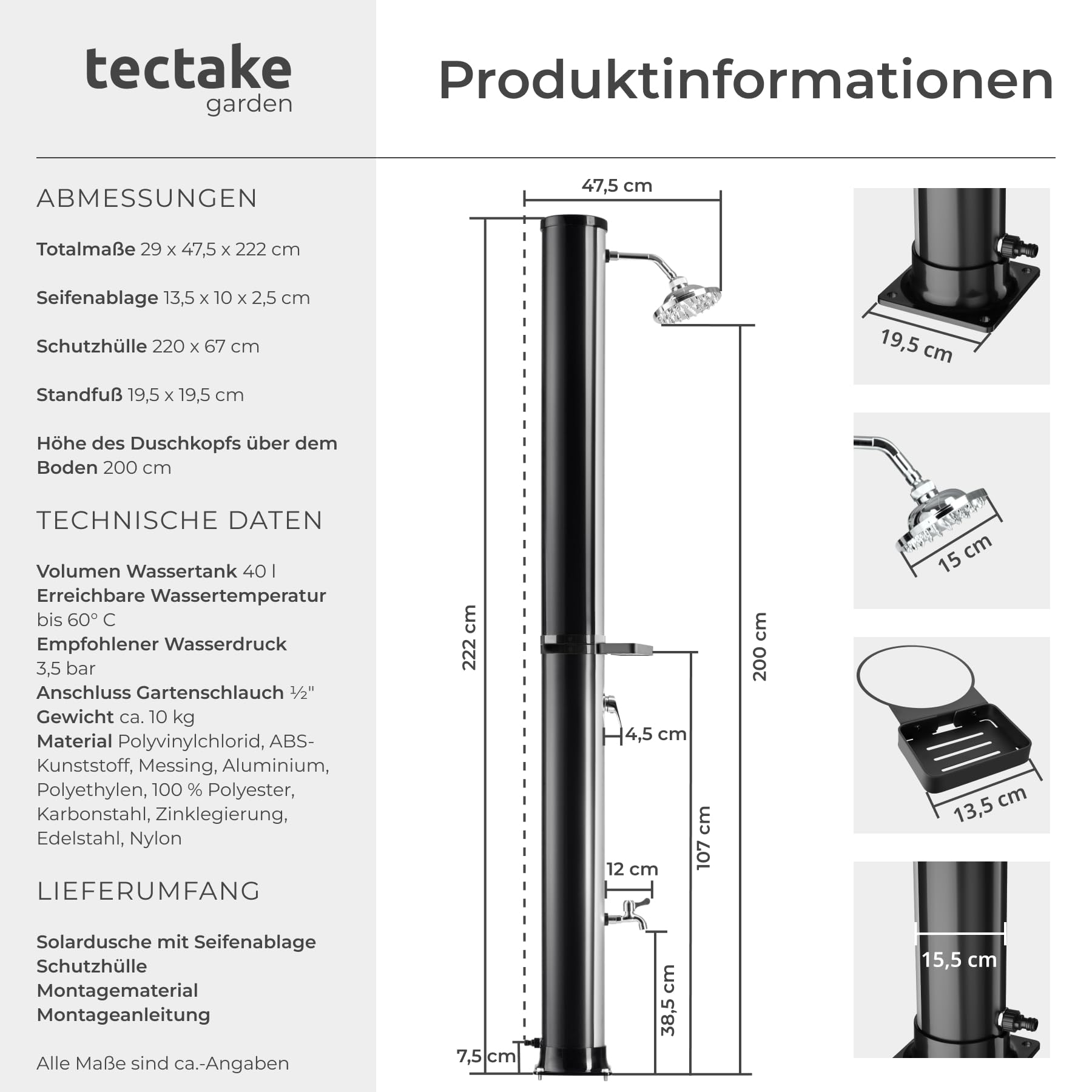 TecTake® Solardusche, 40 l, bis 60° C warmes Wasser, drehbarer Regenduschkopf, Gartenschlauch-Anschluss, Solar Dusche, Solar Duschen, Garten Solardusche, Camping Solardusche, schwarz/Silber