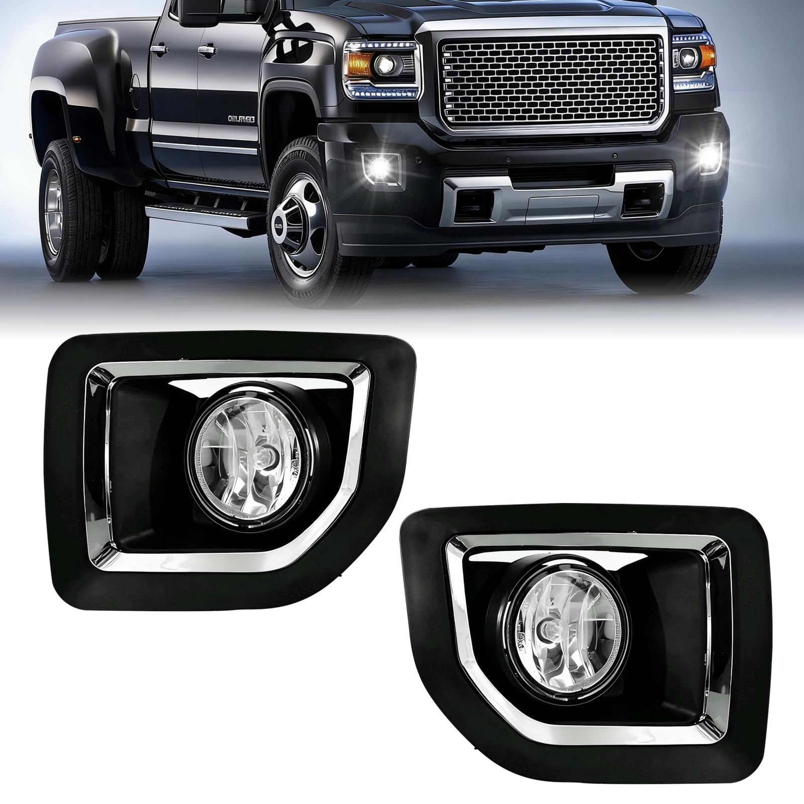 Professional Fog Light Assembly, Clear Waterproof Front Driving Lamps Kit Compatible with 2015-2019 GMC Sierra 2500HD/ 3500HD DOT Approved