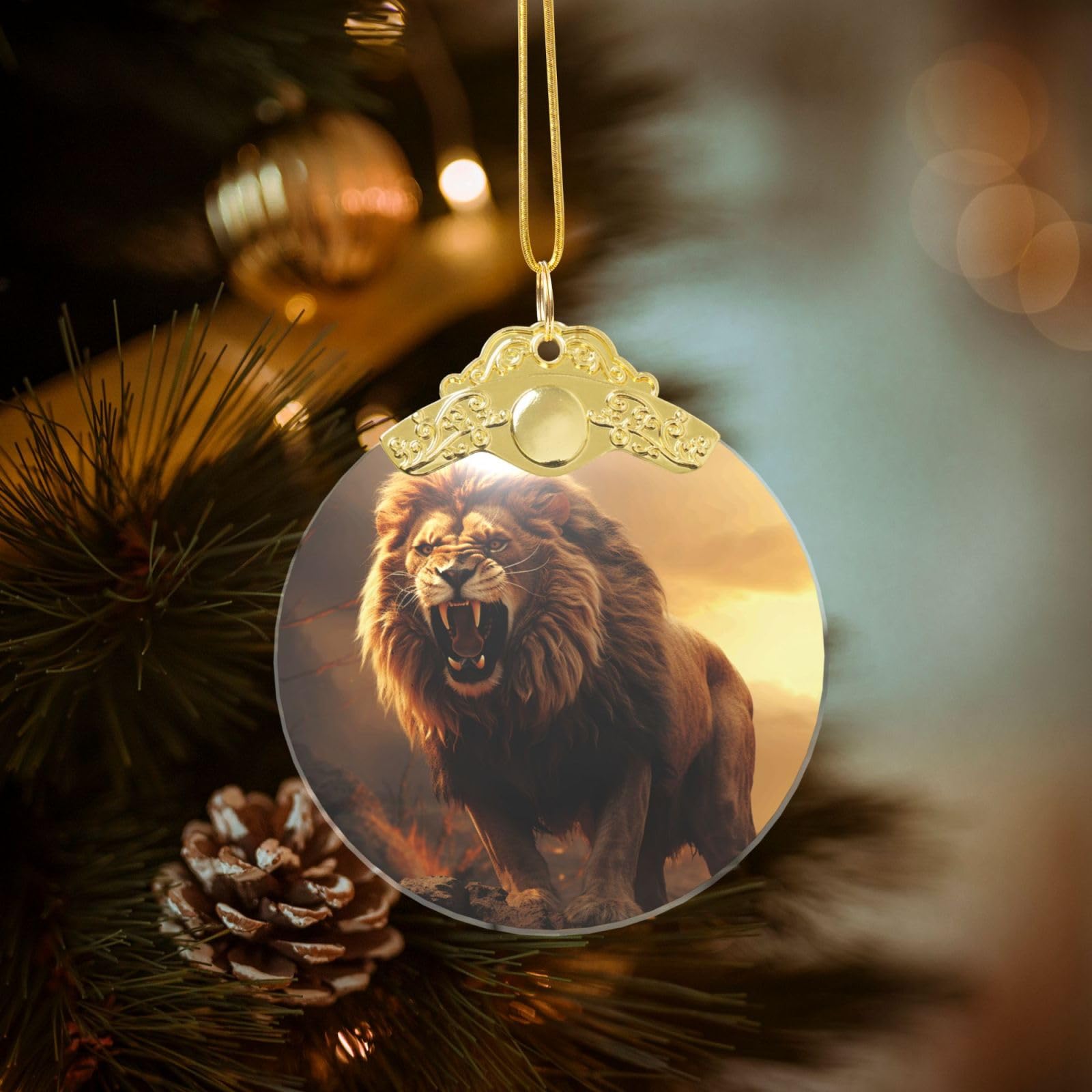 Crystal Christmas Ornaments for Christmas Tree Decoration Hanging Angry Roaring Lion Ornament with Gold Ribbon Crafts Round Pendant for Keepsake Gifts Glass Xmas Decor Party Supplies