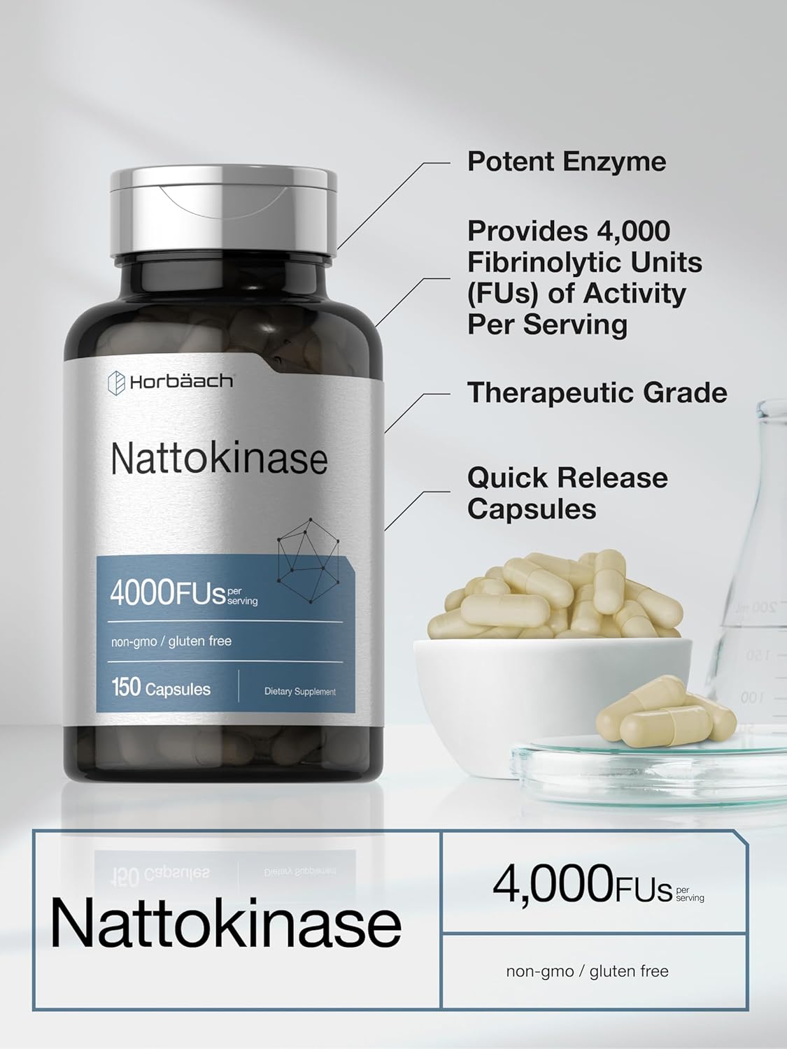 Horbäach Nattokinase Supplement 4000 FU | 150 Capsules | Non-GMO, Gluten Free - Image 4