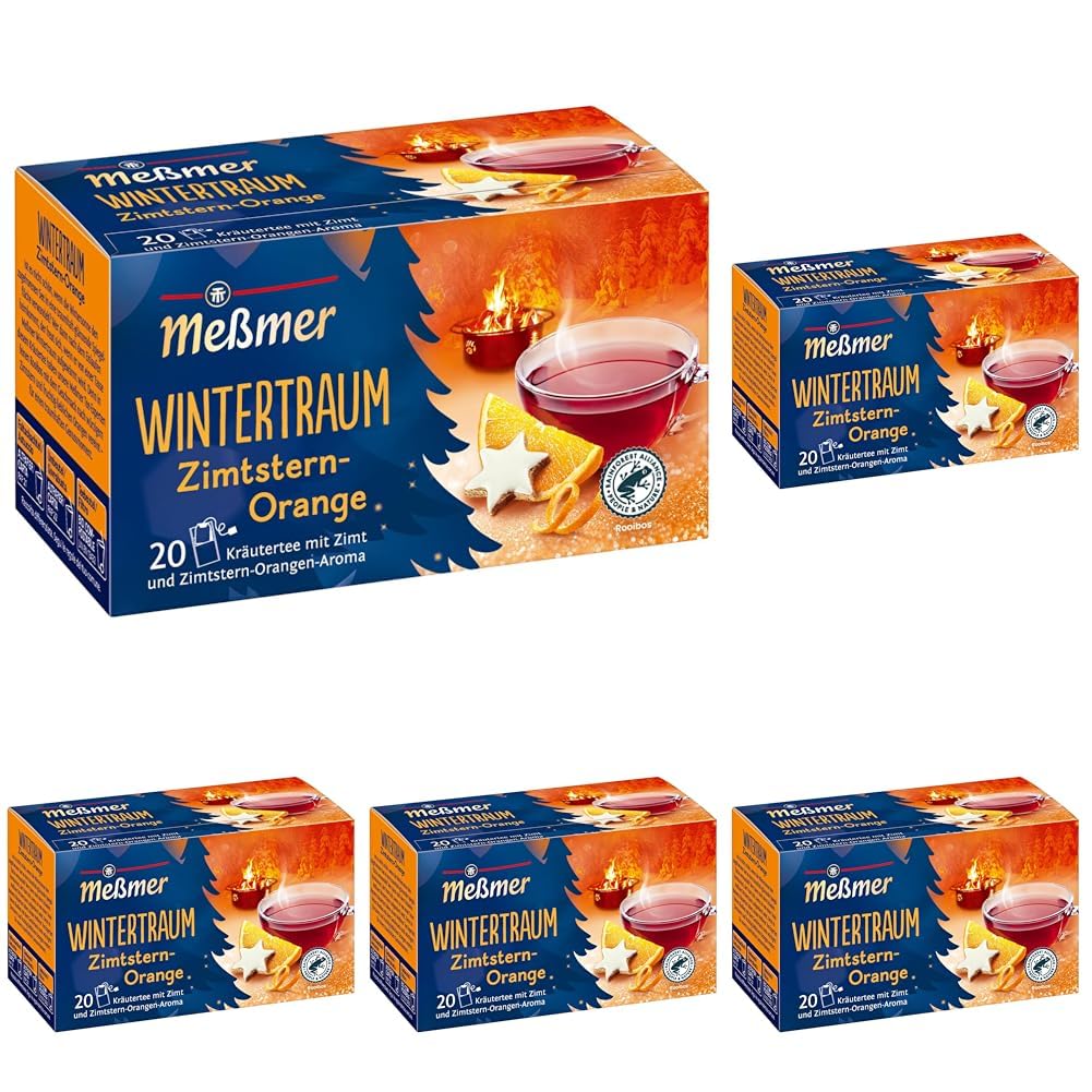 Meßmer Wintertraum | Kräutertee mit Zimt und Zimtstern-Orangen-Aroma | 20 Teebeutel | Vegan | Glutenfrei | Laktosefrei (Packung mit 5)