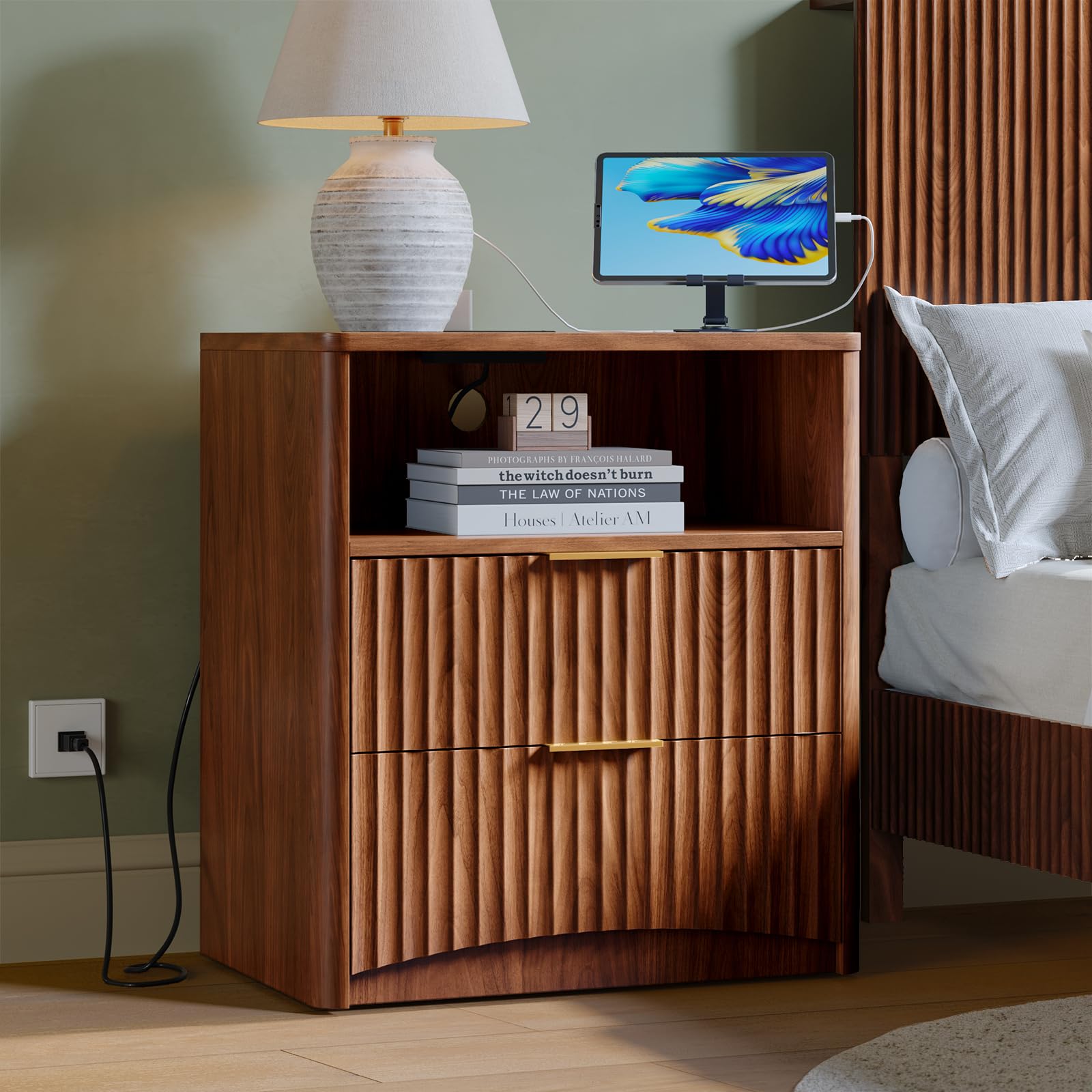 Evermagin Fluted Nightstand with Charging Station, Walnut Bedside Table with 2 Drawers, Wood End Table with Storage Mid Century Modern, Large Night