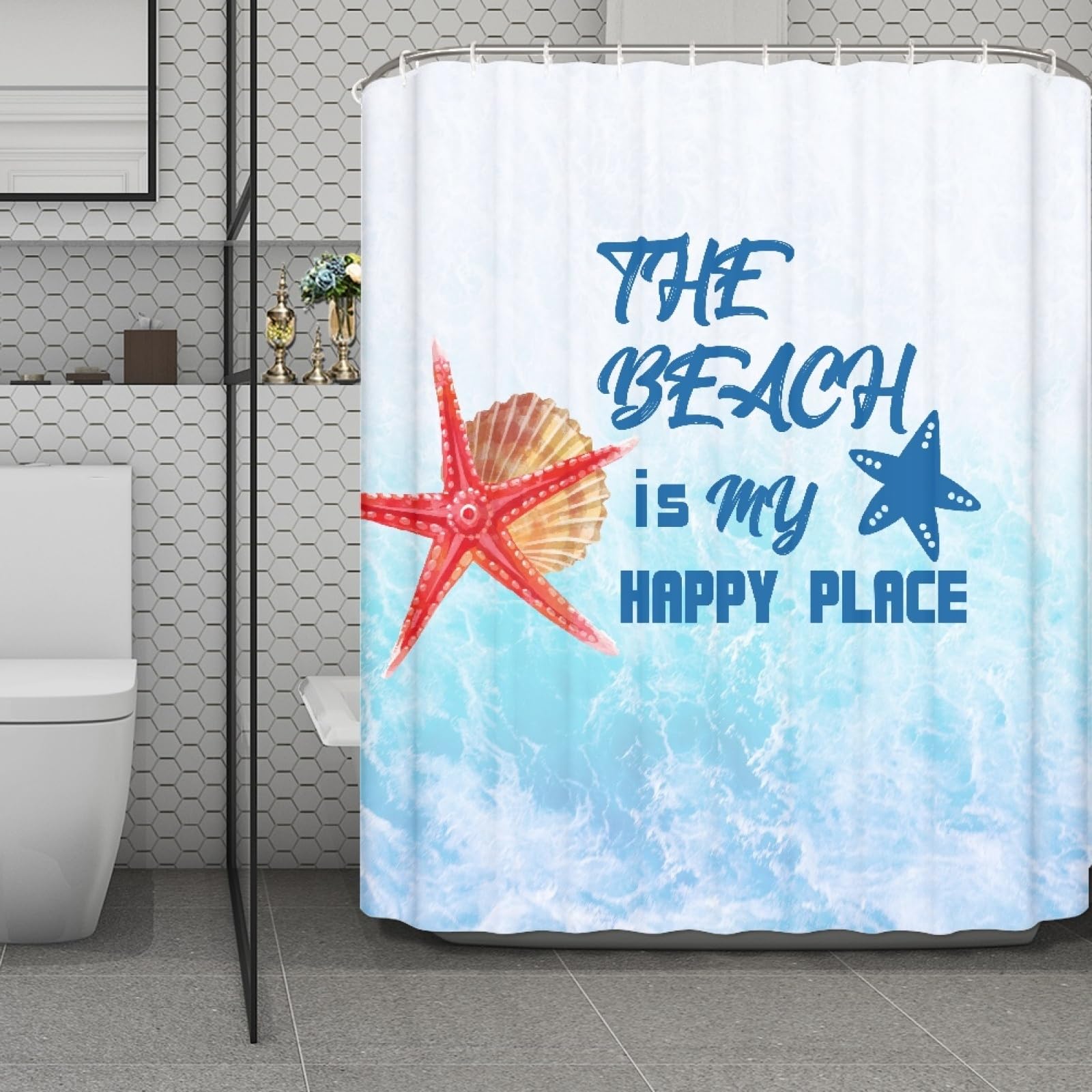 Rideau Douche 200X240 Étoile de Mer Imperméable Anti-Moisissure avec 12 Crochets pour Baignoire