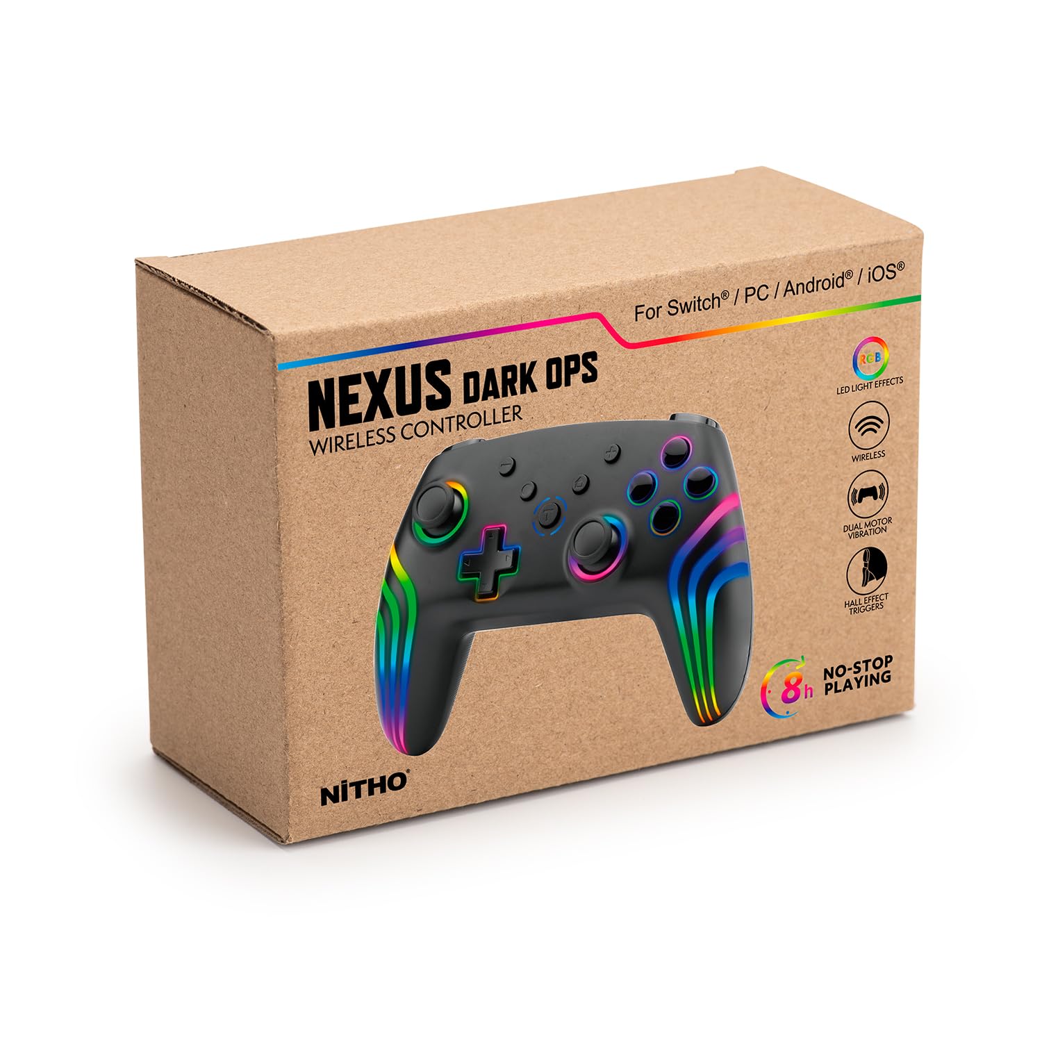 NITHO NEXUS DARK OPS Wireless Controller Compatibile con Switch/Switch 2/PC/Android/iOS, Gamepad con LED RGB, Trigger Effetto Hall, Giroscopico a 6 Assi, Turbo, Joystick Ergonomico - Nero