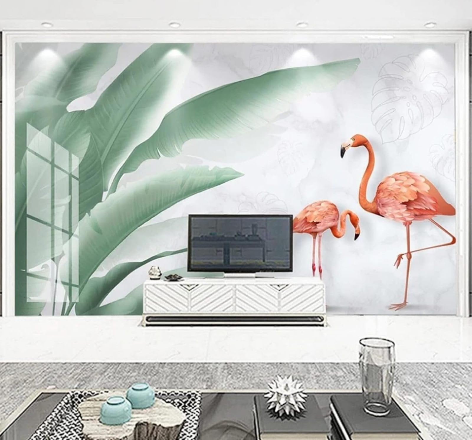 Wallpaper-3D-Xlm 430Cm×300Cm(B×H) Fresh Hand Drawn Tropical Banana Leaves Flamingos 3D Wallpaper Easy Install Feature Office Living Room Sofa Bedroom Tv Background Wall Decoration-430Cm×300Cm