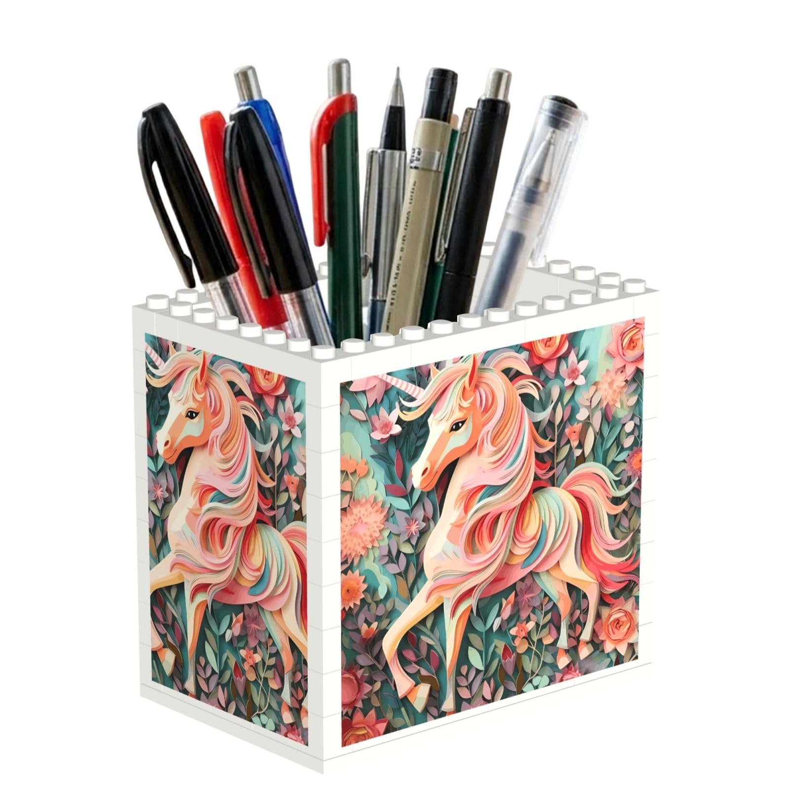 SXZVVBN Pink Paper Cut Unicorn Building Block Desk Tidy ABS Organiser