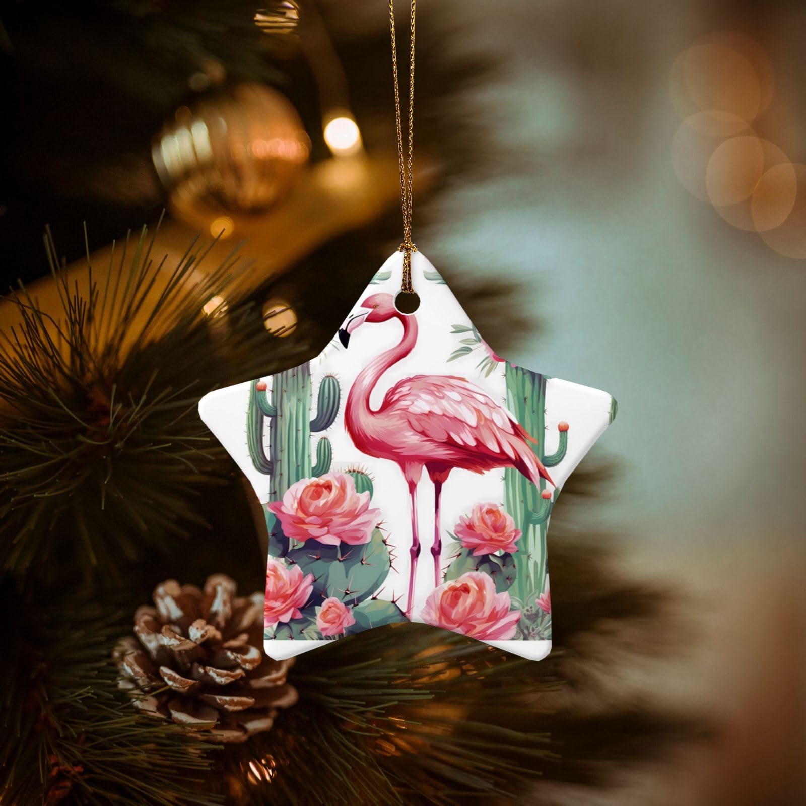Christmas Tree Ornaments Ceramics Christmas Decorations Cactus Flamingo Rose Flowers Ornaments with Gold Ribbon Porcelain Xmas Tree Crafts Star Shape Hanging Pendant for Christmas Tree Party Decor