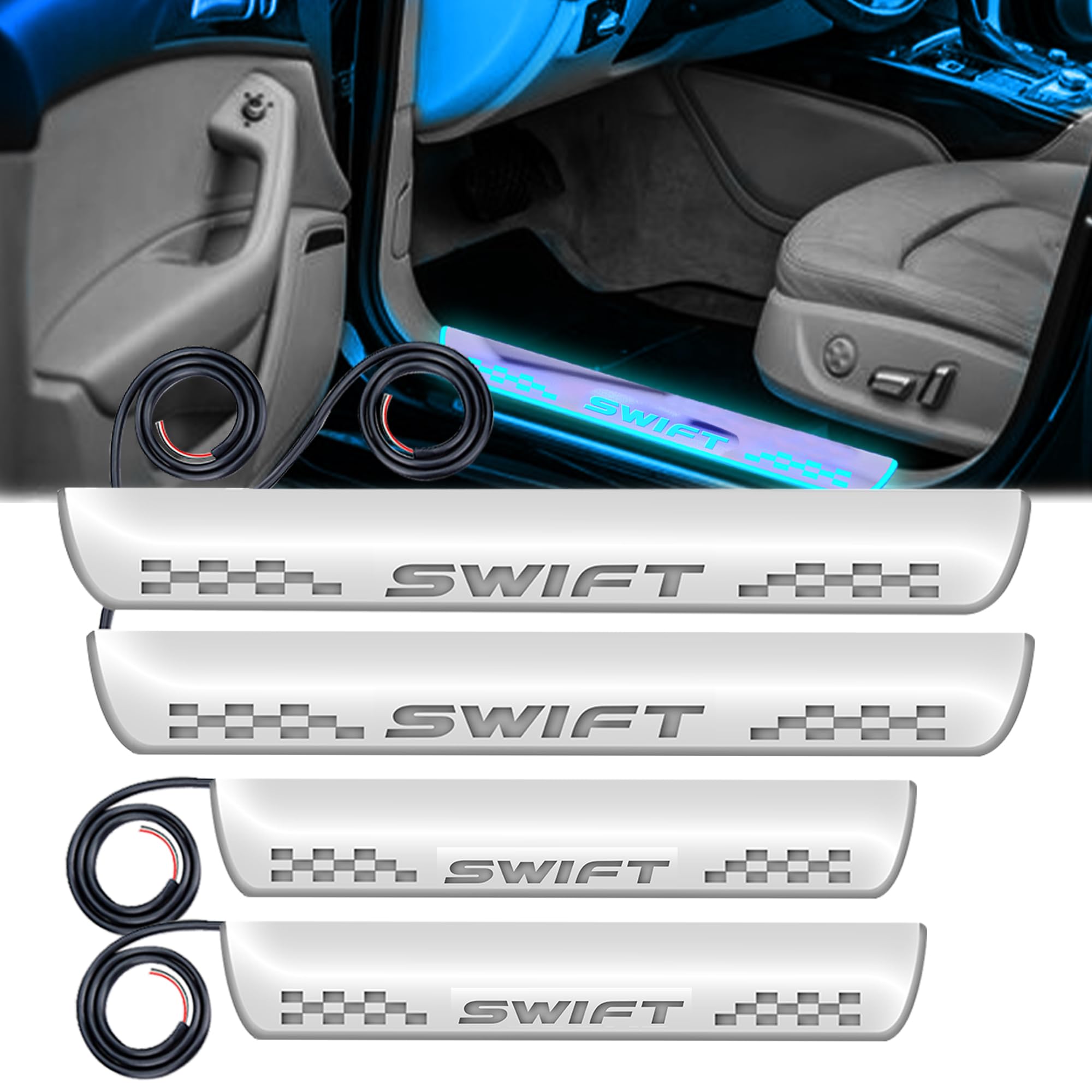 CARZEX Car Door Foot Step LED Sill Plate with Mirror Finish for Maruti Swift (Set of 4PCS, Blue) – Durable LED Door Protection | 6 Month Warranty