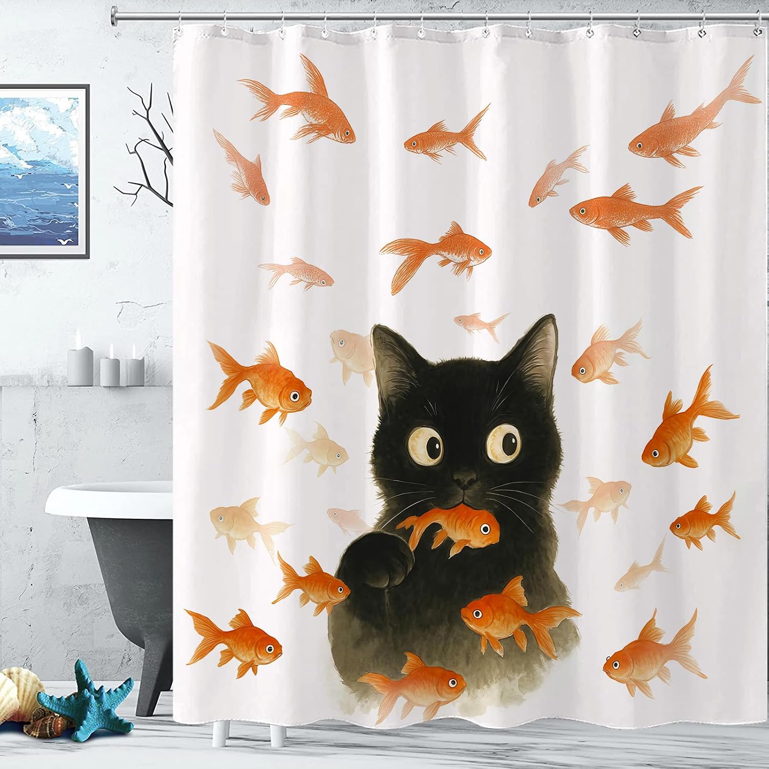 Modern Cat Shower Curtain Set Minimalist Fish Art Waterproof Bathroom Shower Curtain Serene Animal Print Stylish Home Decor 72x72 Inch
